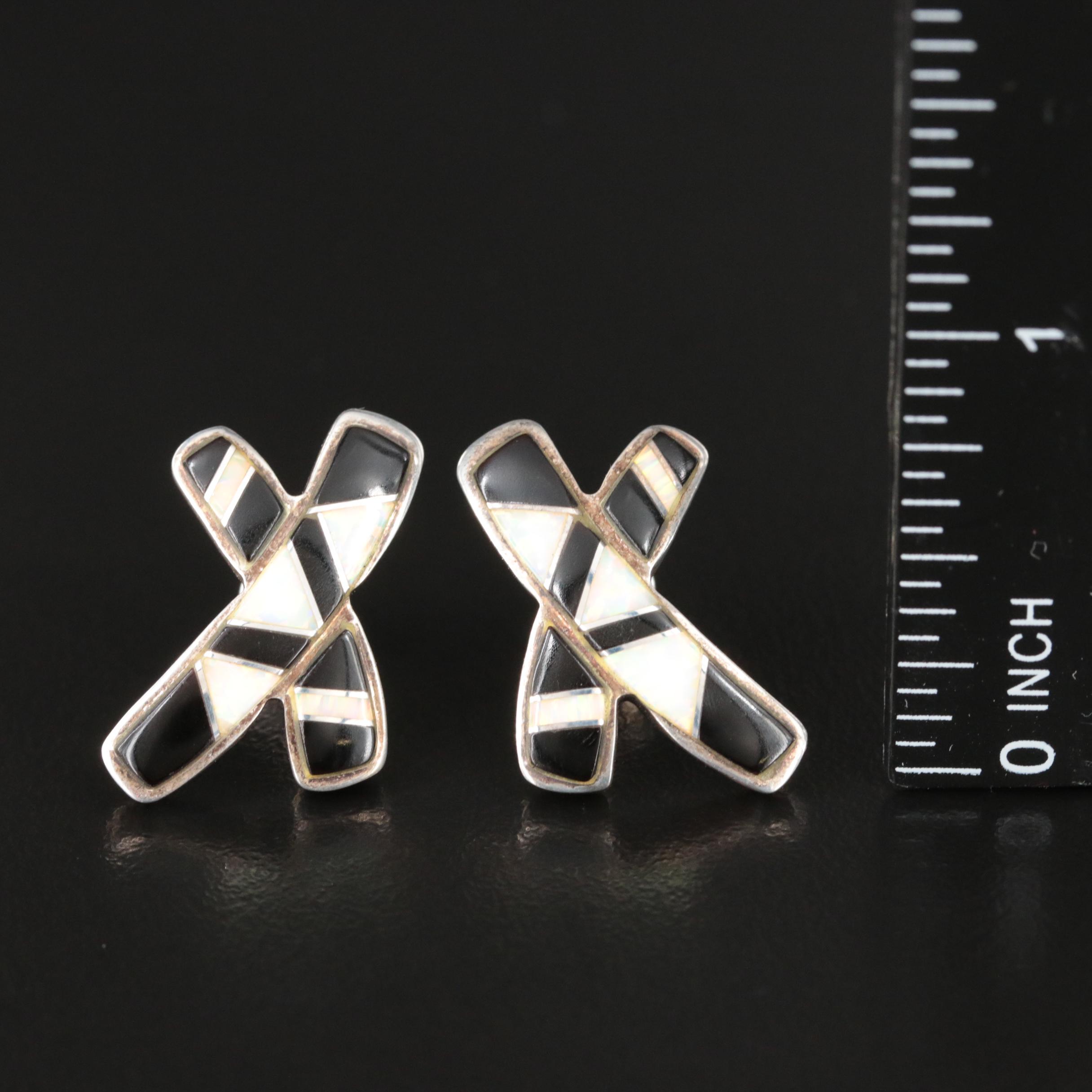 Southwestern Signed Sterling Faux Onyx and Opal Inlay Earrings