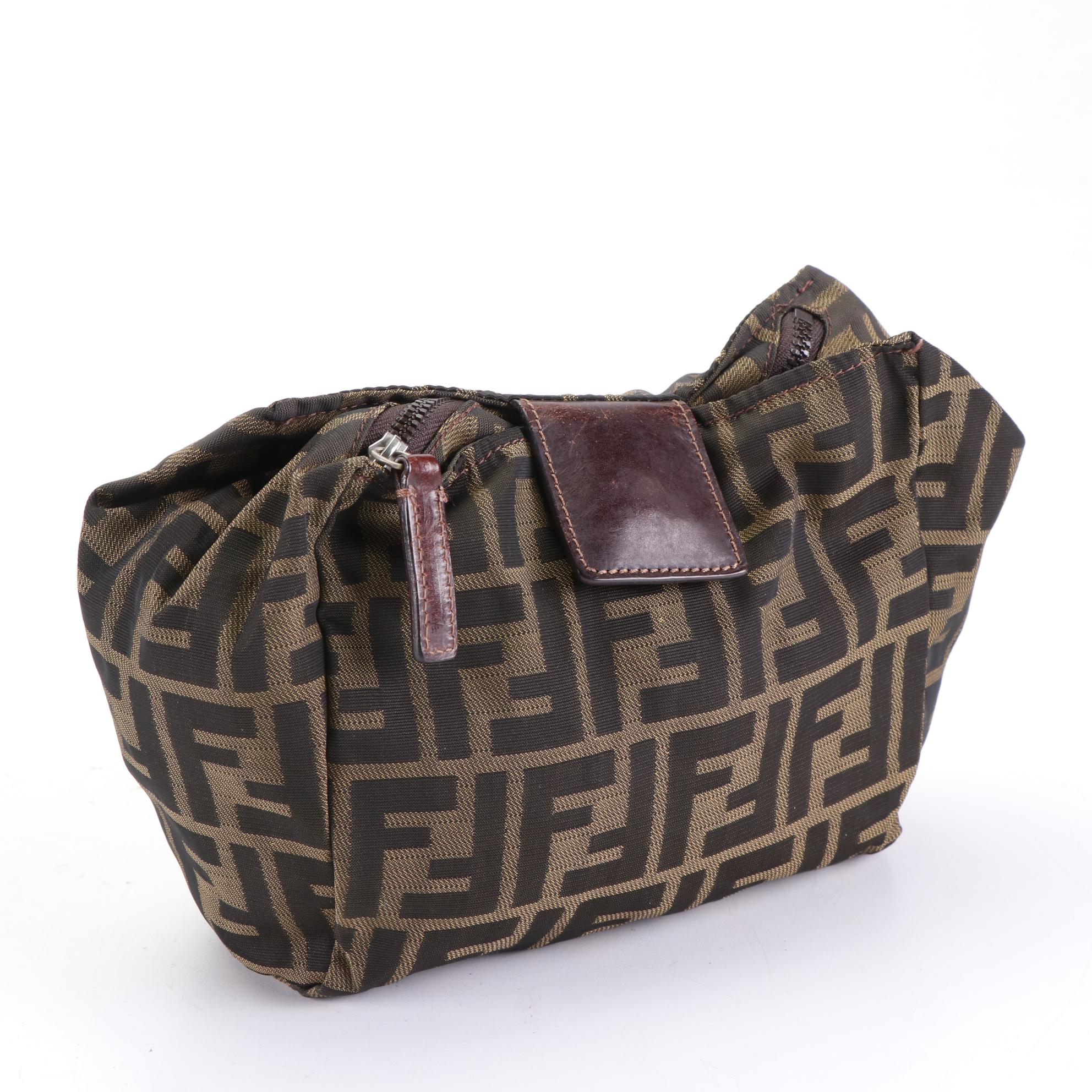 Fendi Zucca Canvas Zip Pouch with Brown Leather Trim