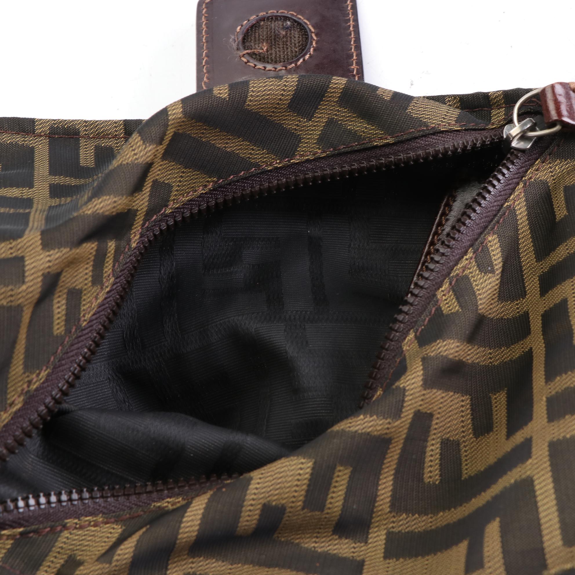 Fendi Zucca Canvas Zip Pouch with Brown Leather Trim