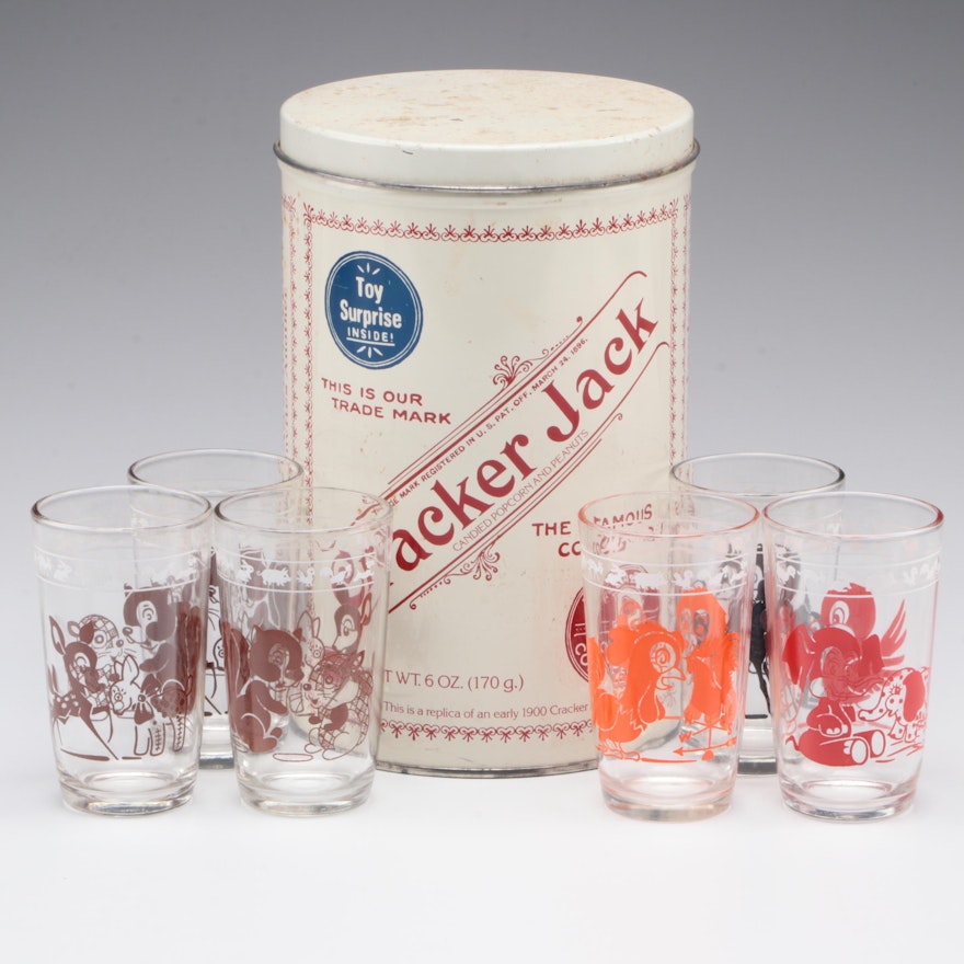 Barlett-Collins Swanky Swig "Kiddie Cup" Glasses and Cracker Jack Tin