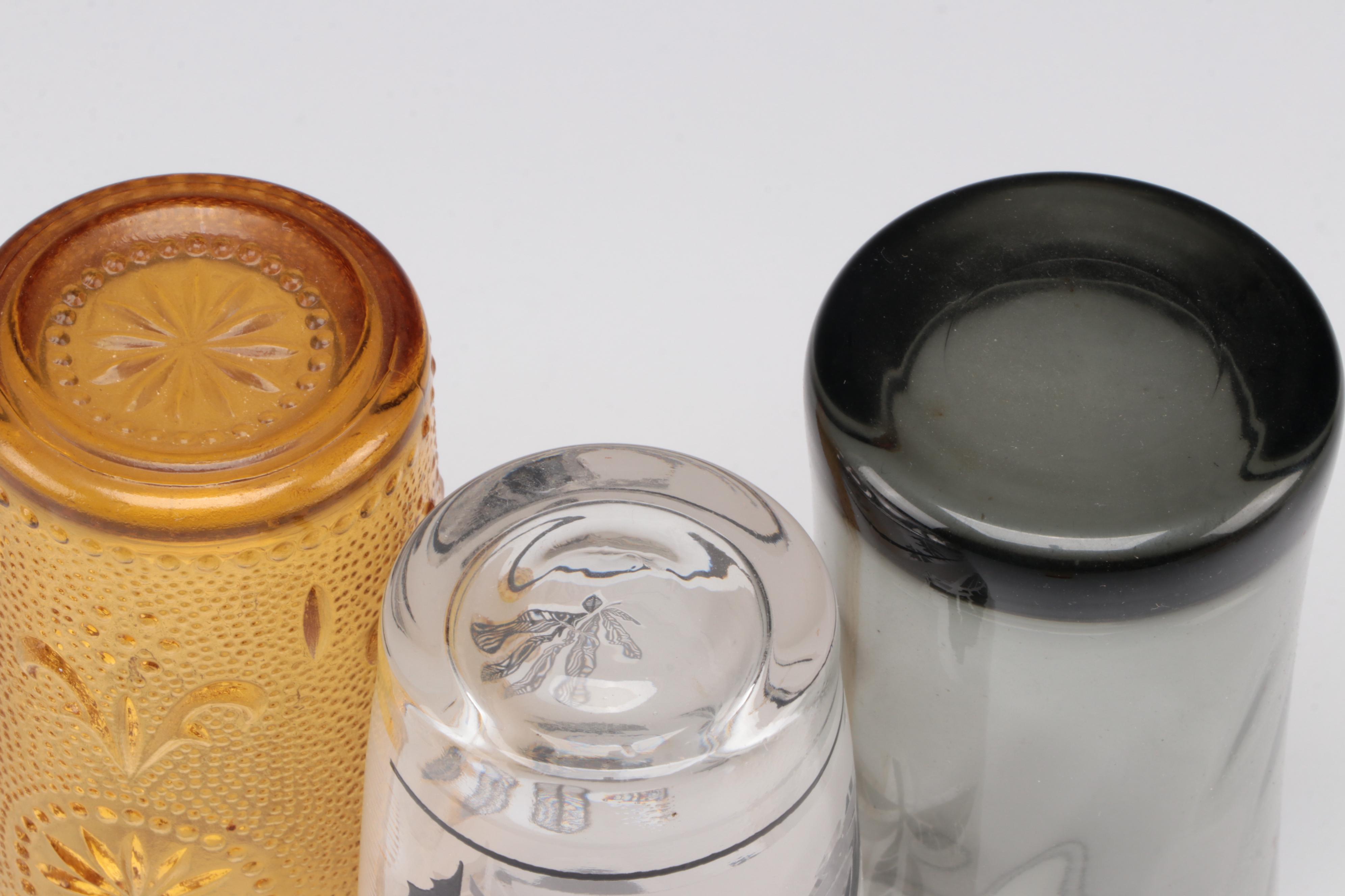 Mid Century Modern Style Frosted Silver Leaf and Other Glass Tumblers