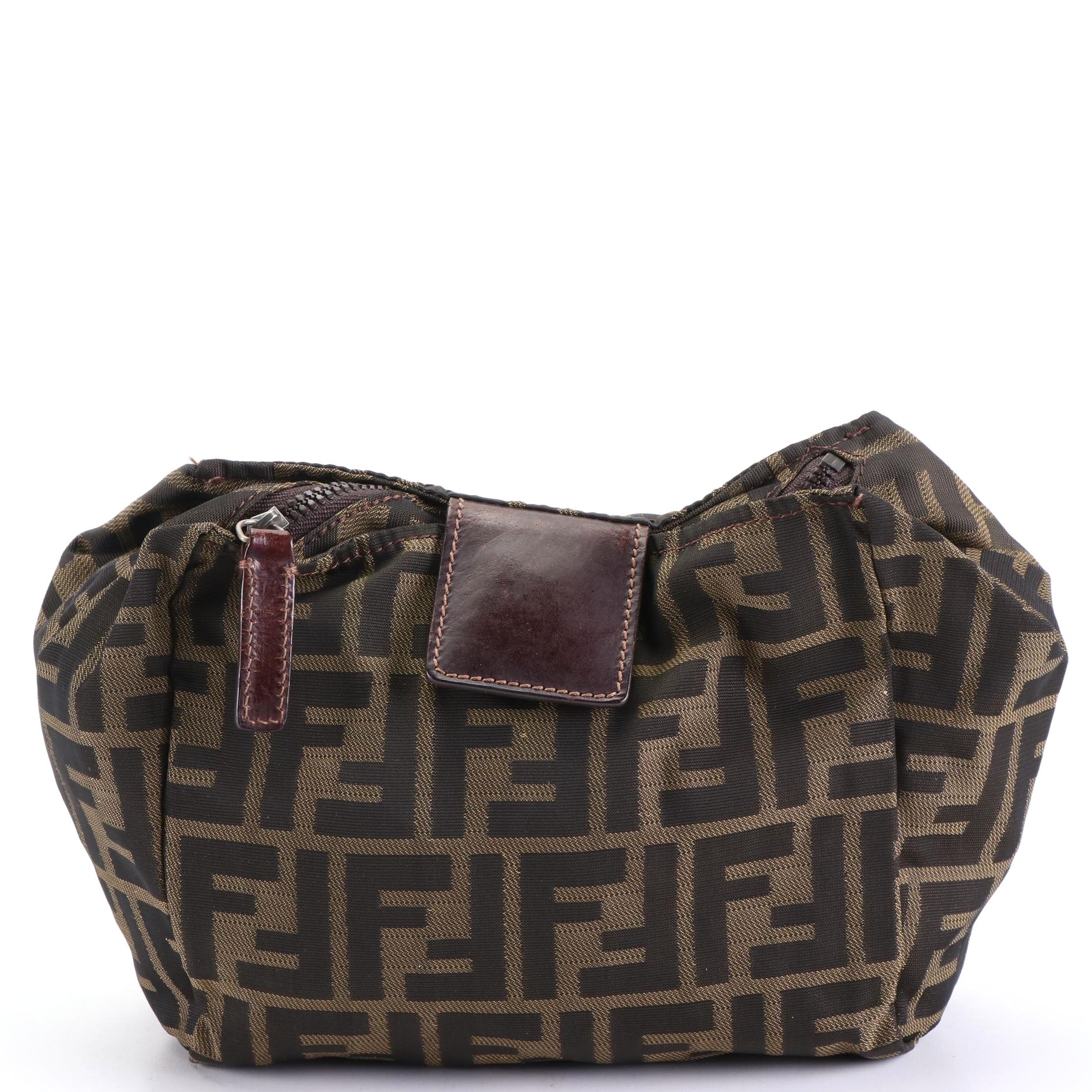 Fendi Zucca Canvas Zip Pouch with Brown Leather Trim