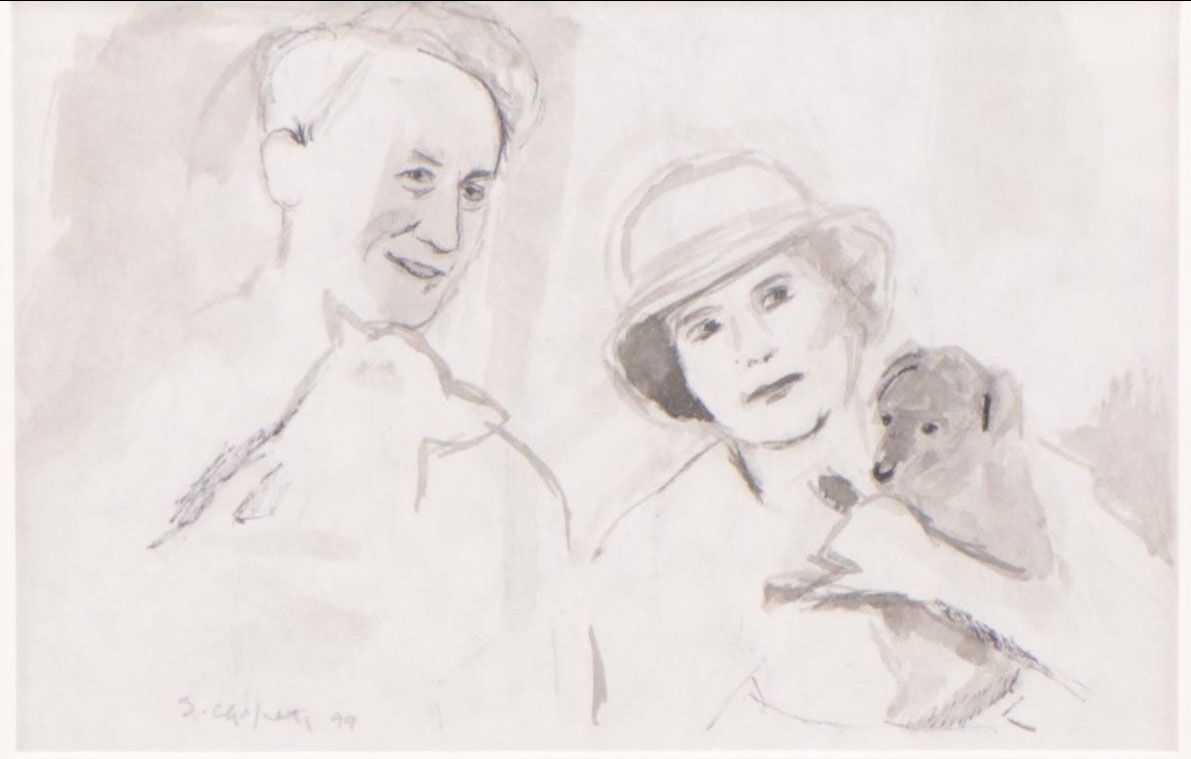 Sidney Chafetz Ink Painting of Couple Carrying Dogs, 1999