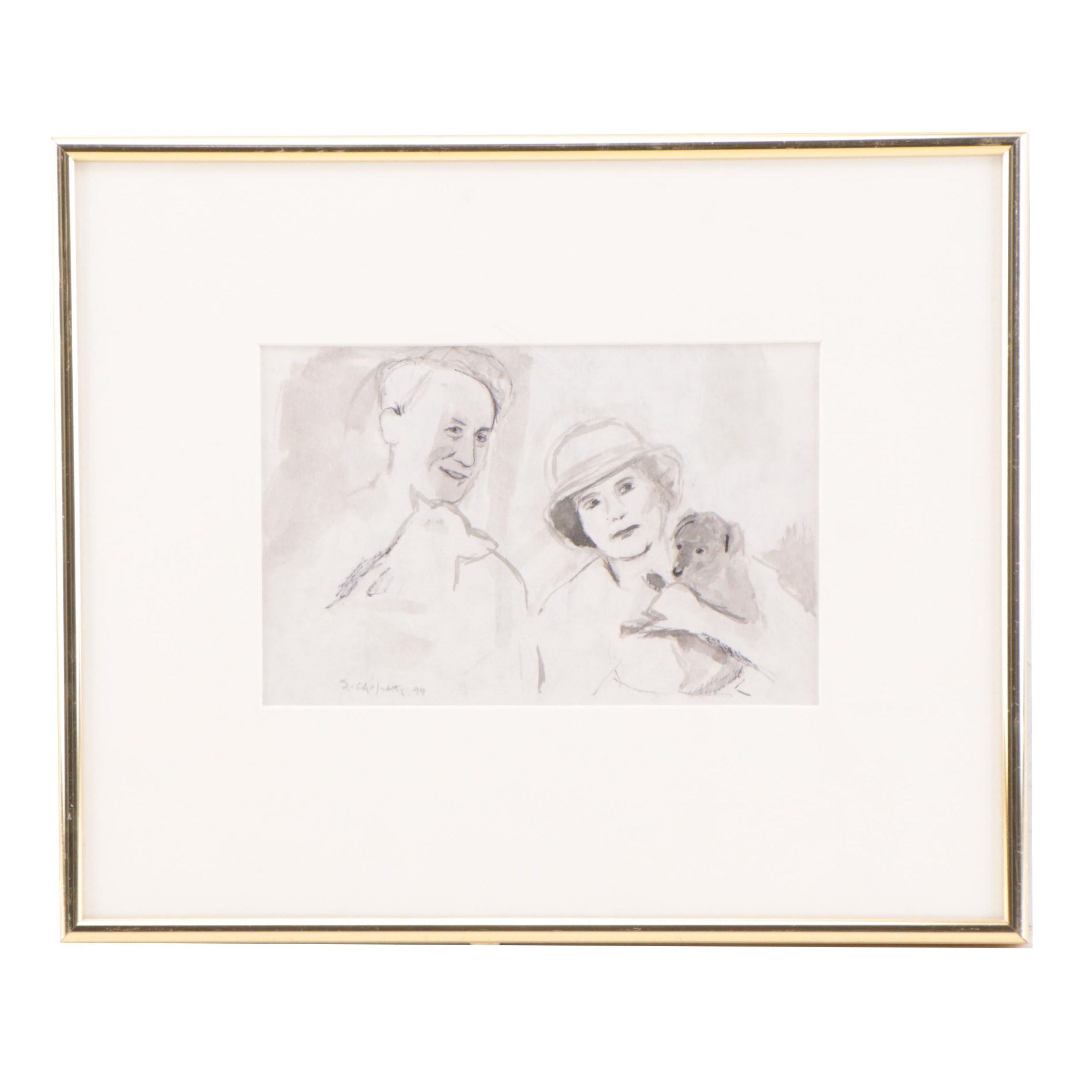 Sidney Chafetz Ink Painting of Couple Carrying Dogs, 1999