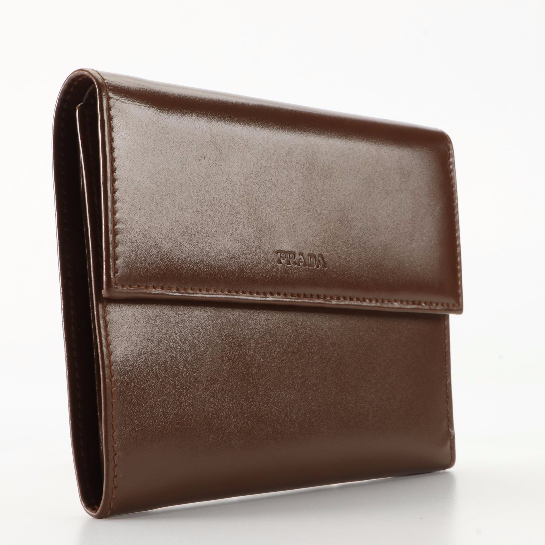 Prada Compact Wallet in Smooth Brown Leather