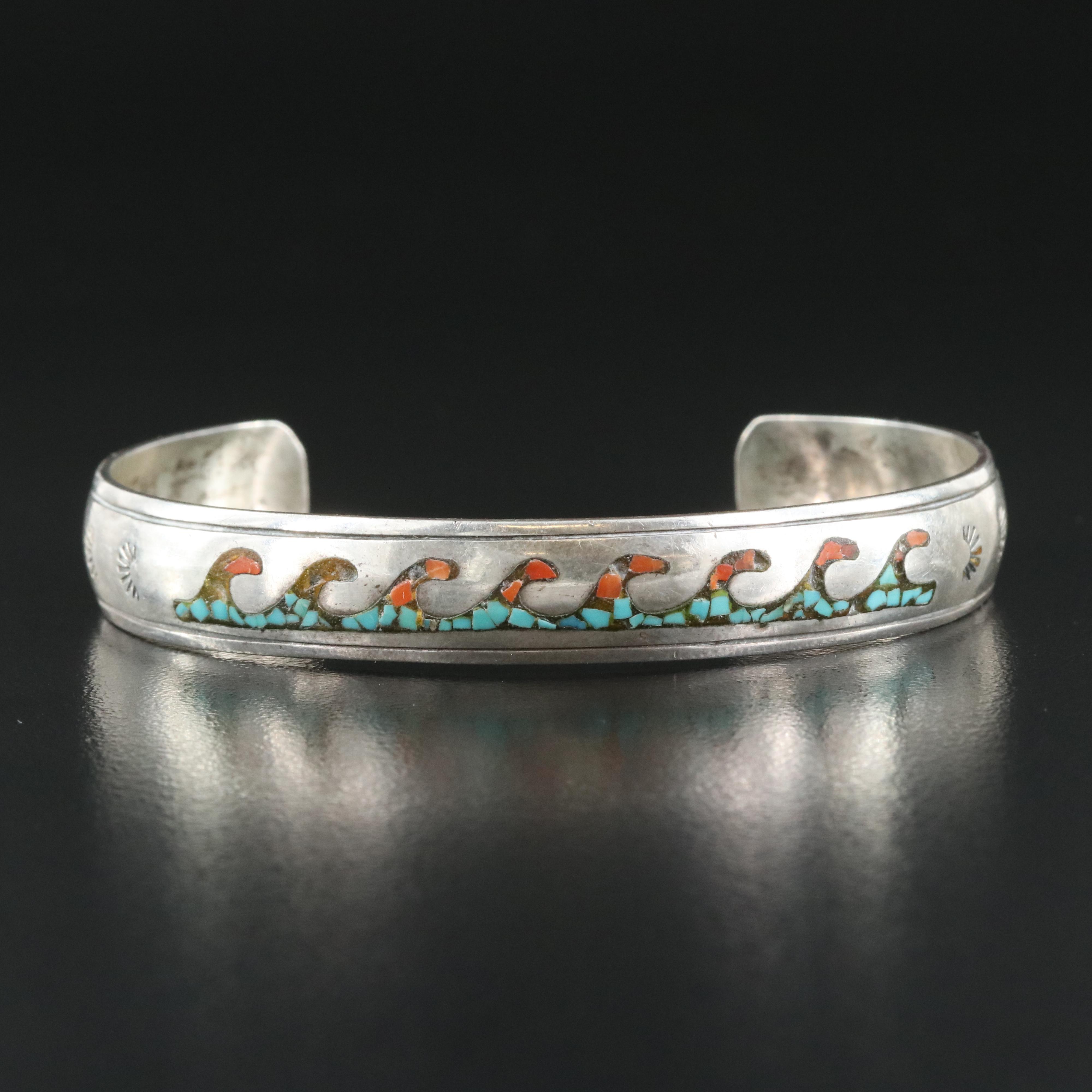Sterling Mosaic Inlay Waves Cuff