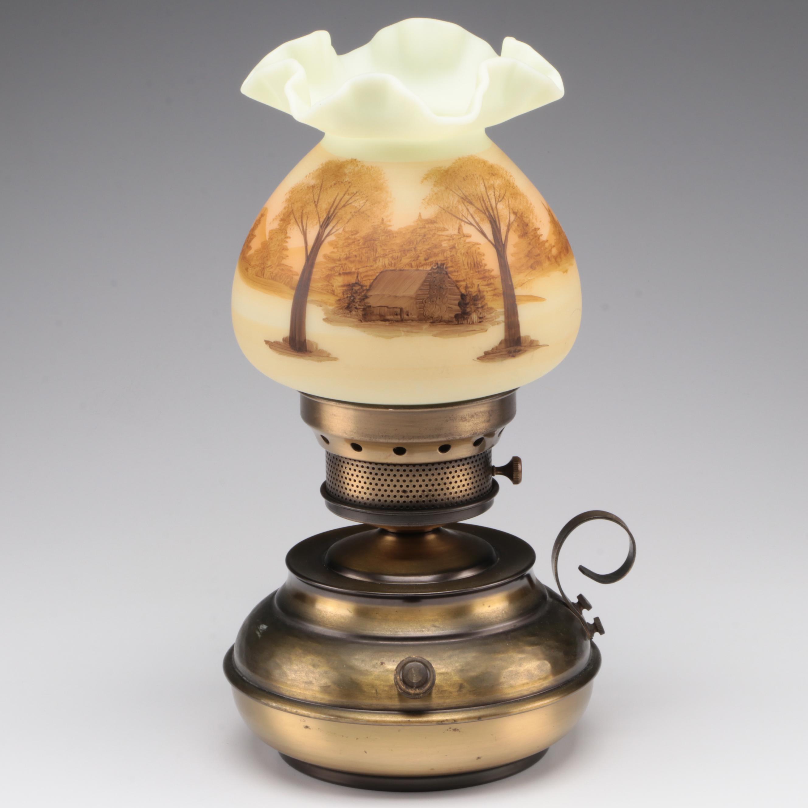 Brass Table Lamp with Fenton Hand-Painted Custard Glass Shade , Mid-20th C.