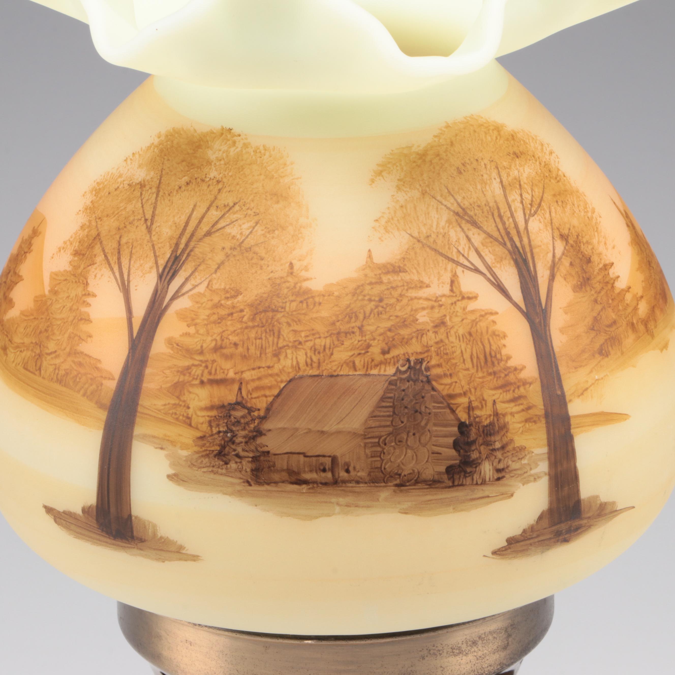 Brass Table Lamp with Fenton Hand-Painted Custard Glass Shade , Mid-20th C.