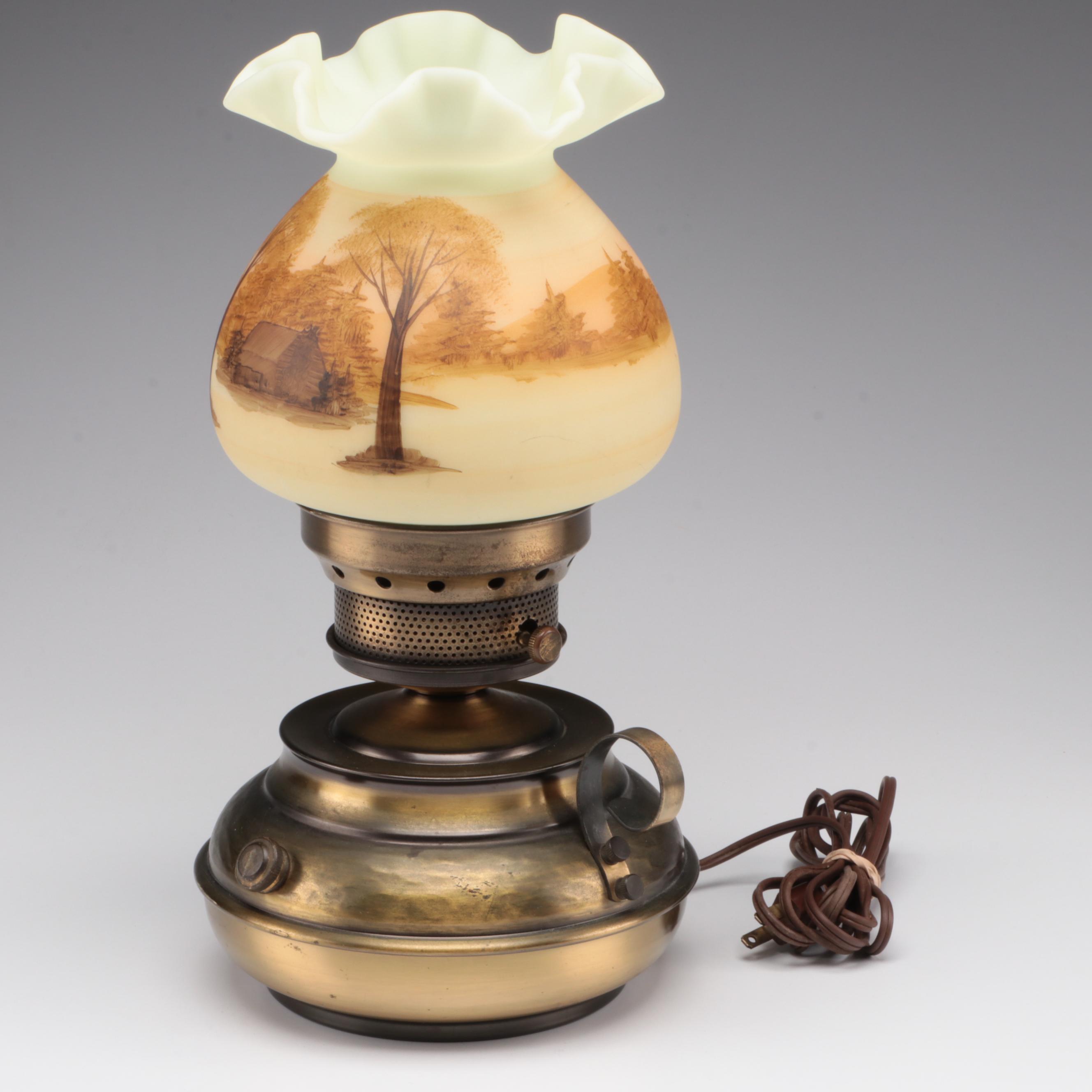 Brass Table Lamp with Fenton Hand-Painted Custard Glass Shade , Mid-20th C.