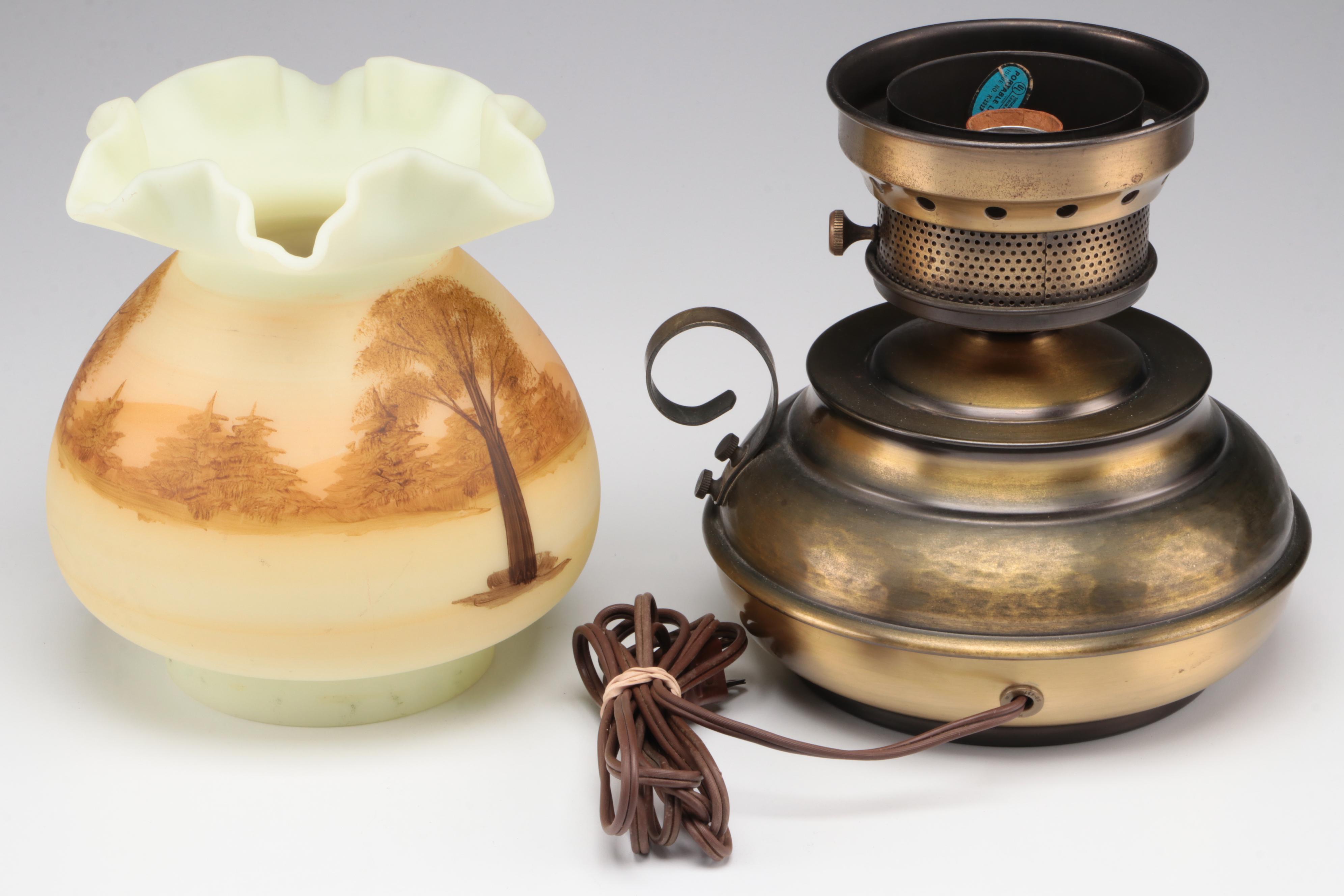 Brass Table Lamp with Fenton Hand-Painted Custard Glass Shade , Mid-20th C.