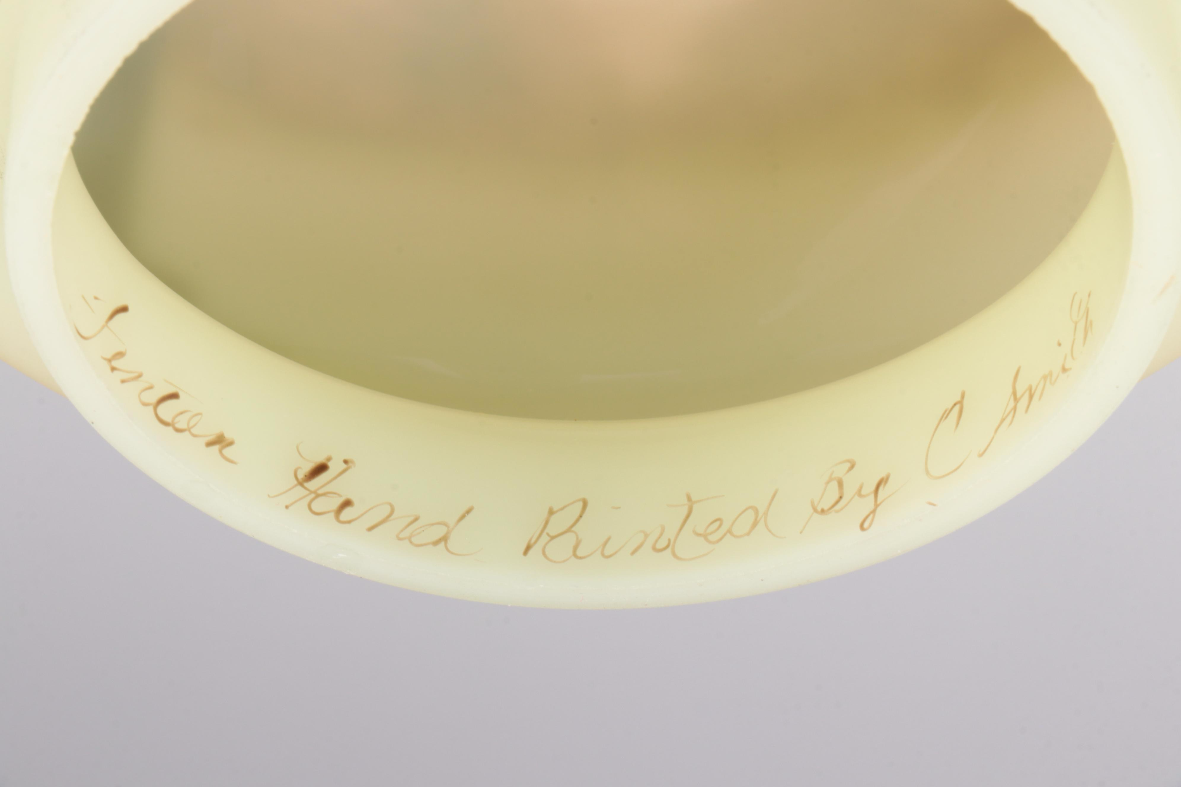 Brass Table Lamp with Fenton Hand-Painted Custard Glass Shade , Mid-20th C.