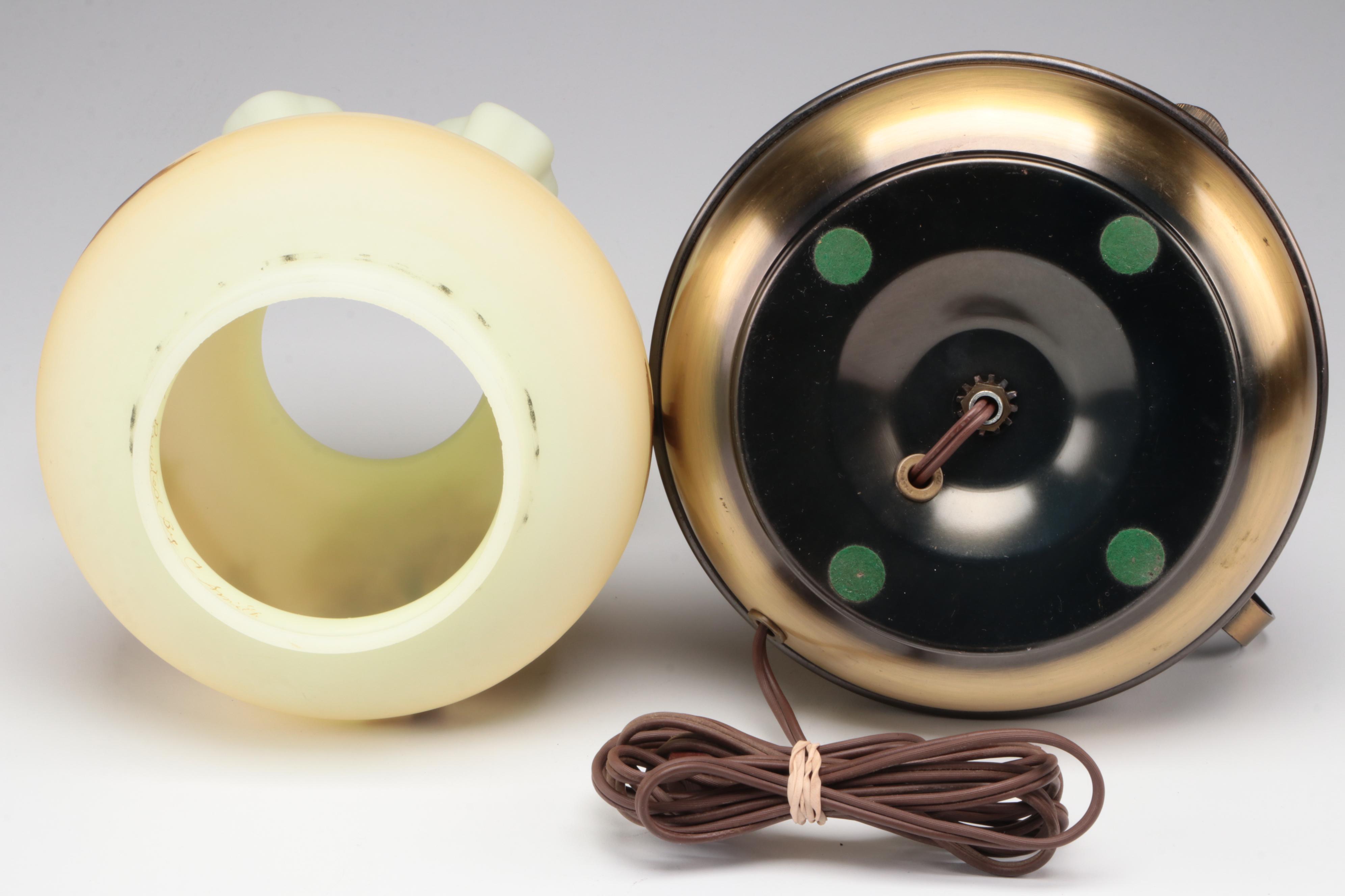 Brass Table Lamp with Fenton Hand-Painted Custard Glass Shade , Mid-20th C.