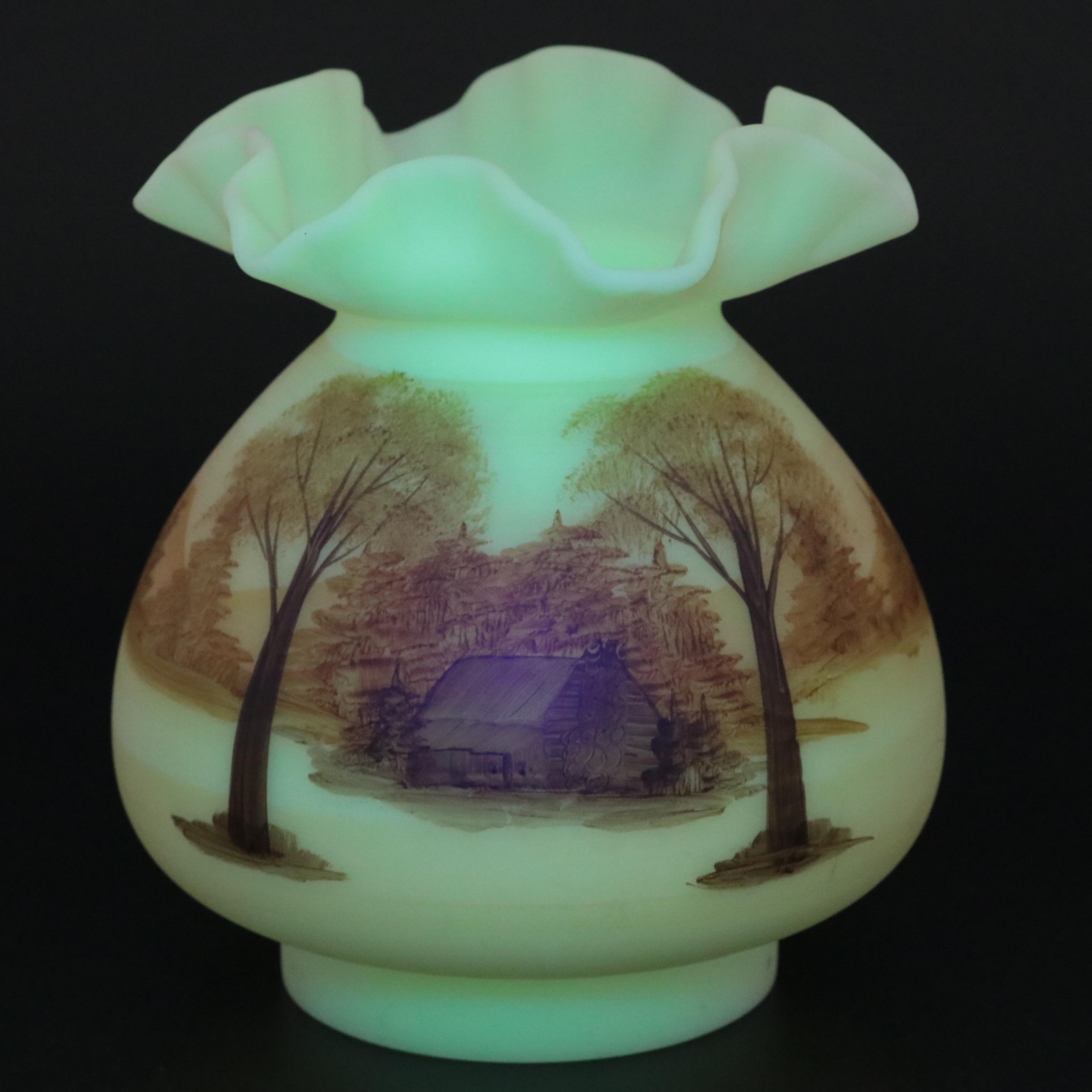 Brass Table Lamp with Fenton Hand-Painted Custard Glass Shade , Mid-20th C.