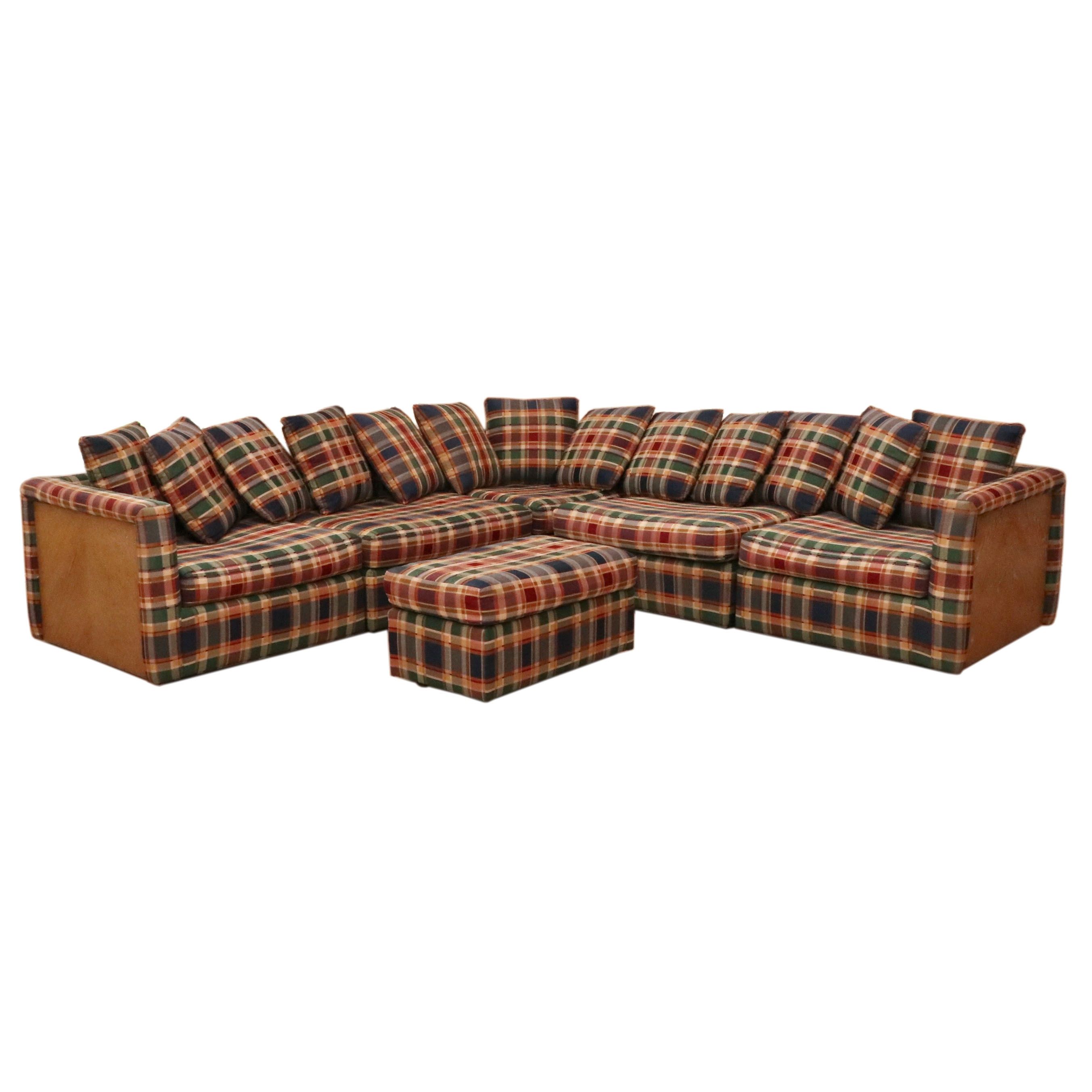 Drexel Heritage Mid Century Modern Wood-Encased Plaid Sectional Sofa