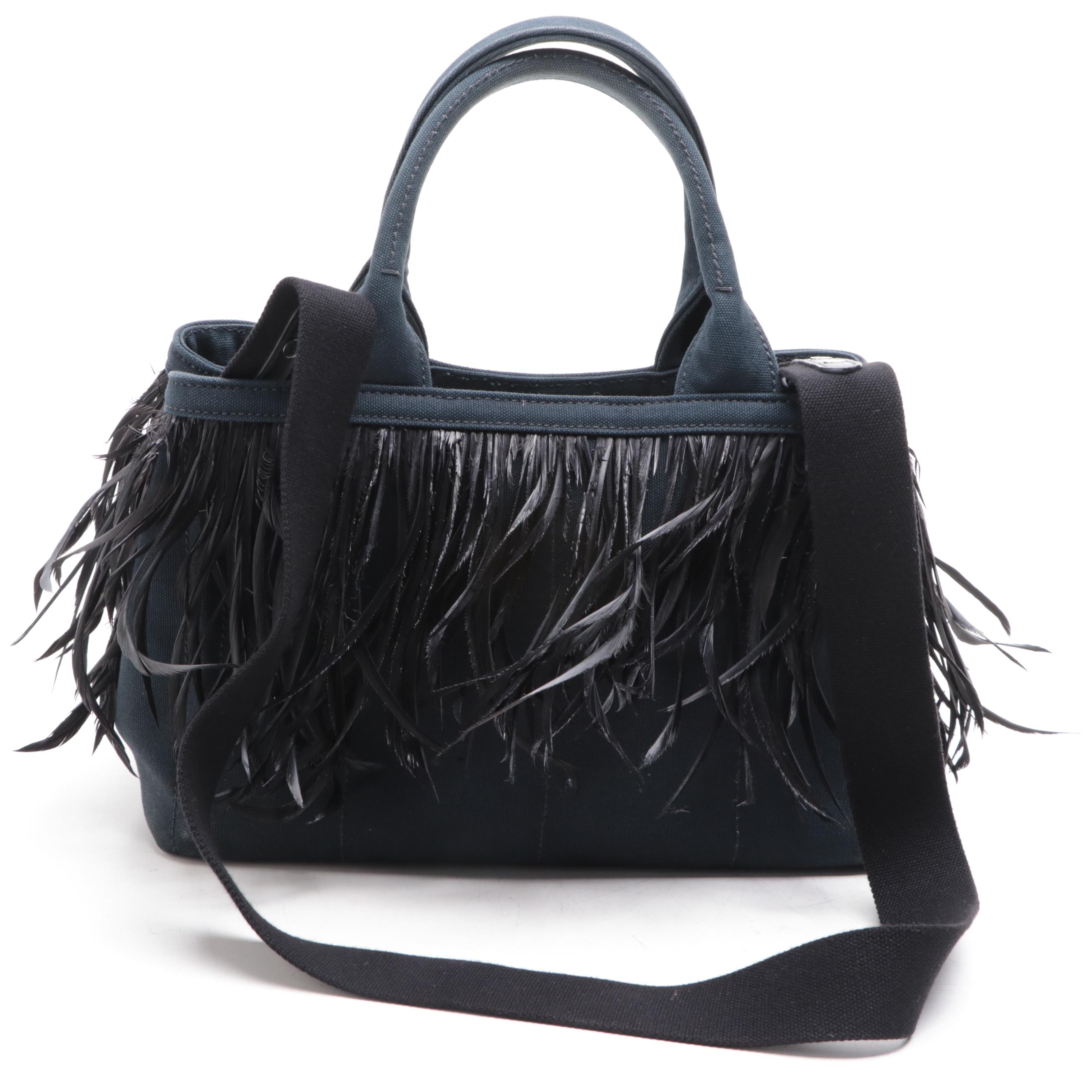 Prada Canapa Satchel in Navy Canvas with Feather Trim