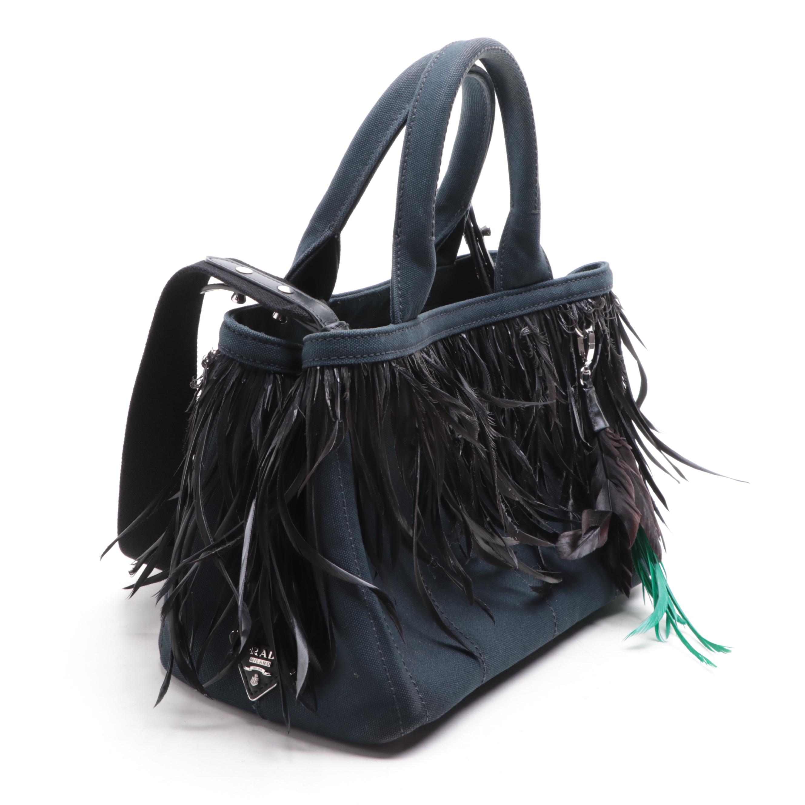 Prada Canapa Satchel in Navy Canvas with Feather Trim