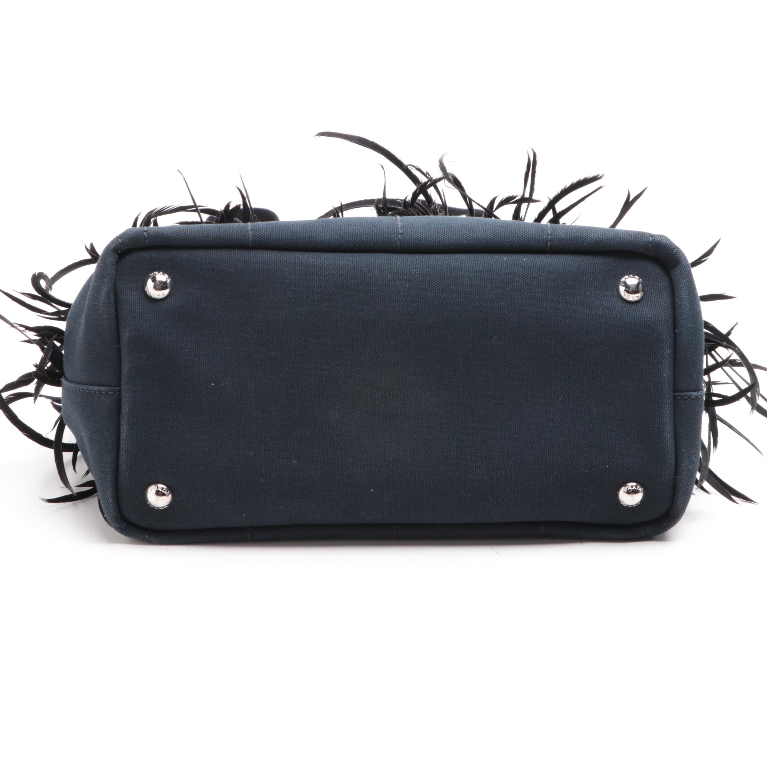 Prada Canapa Satchel in Navy Canvas with Feather Trim
