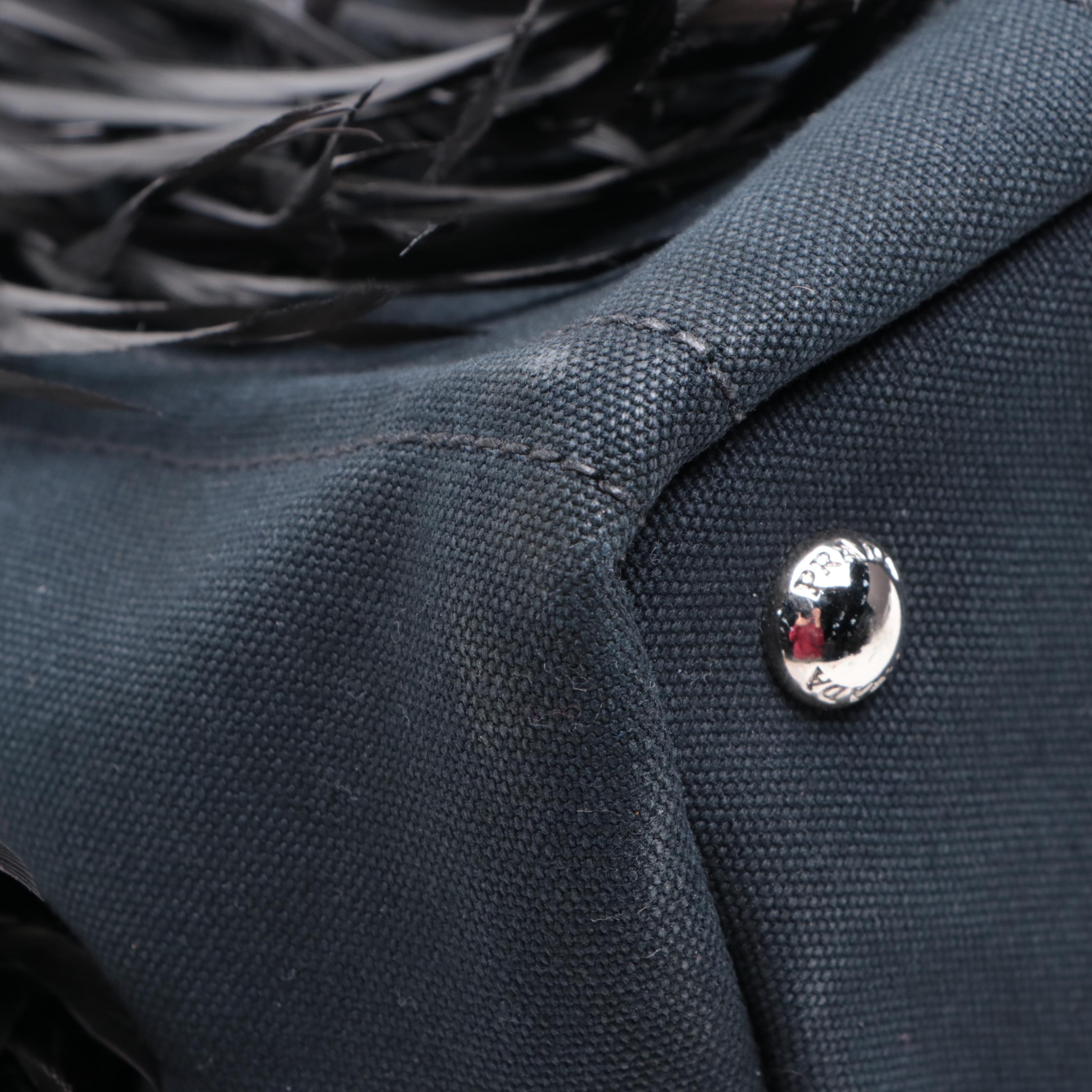 Prada Canapa Satchel in Navy Canvas with Feather Trim