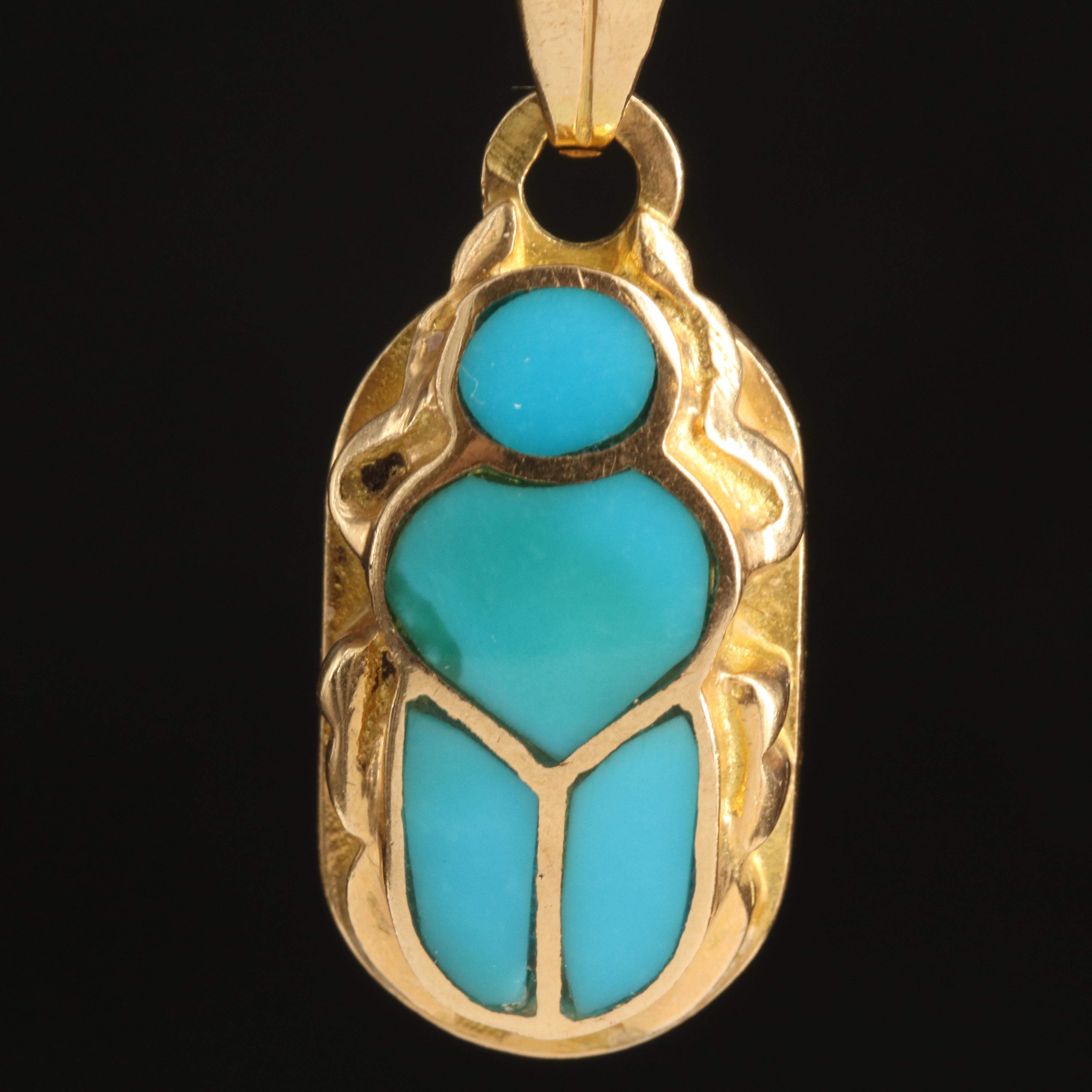 18K Turquoise Inlay Scarab and Ankh Pendant