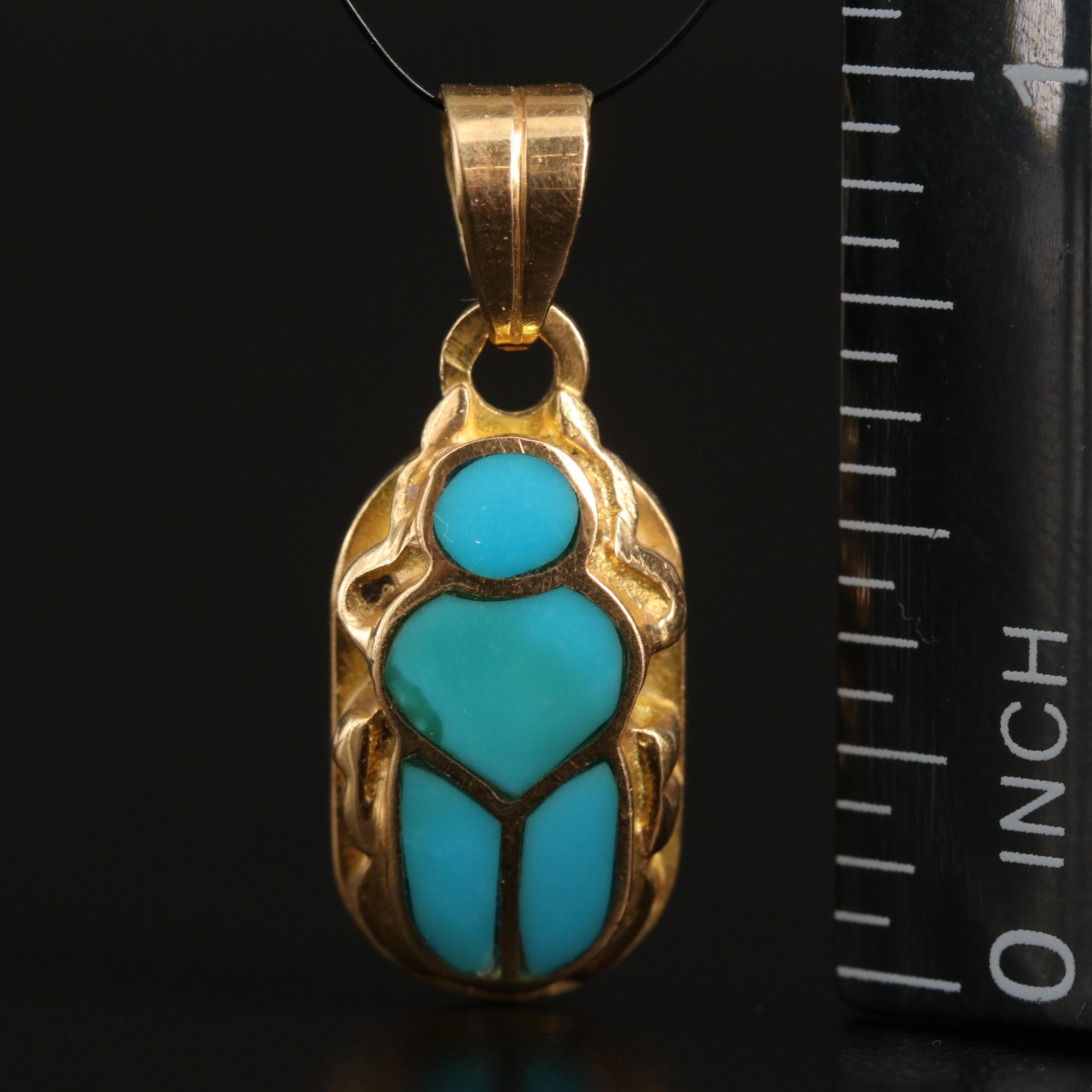 18K Turquoise Inlay Scarab and Ankh Pendant
