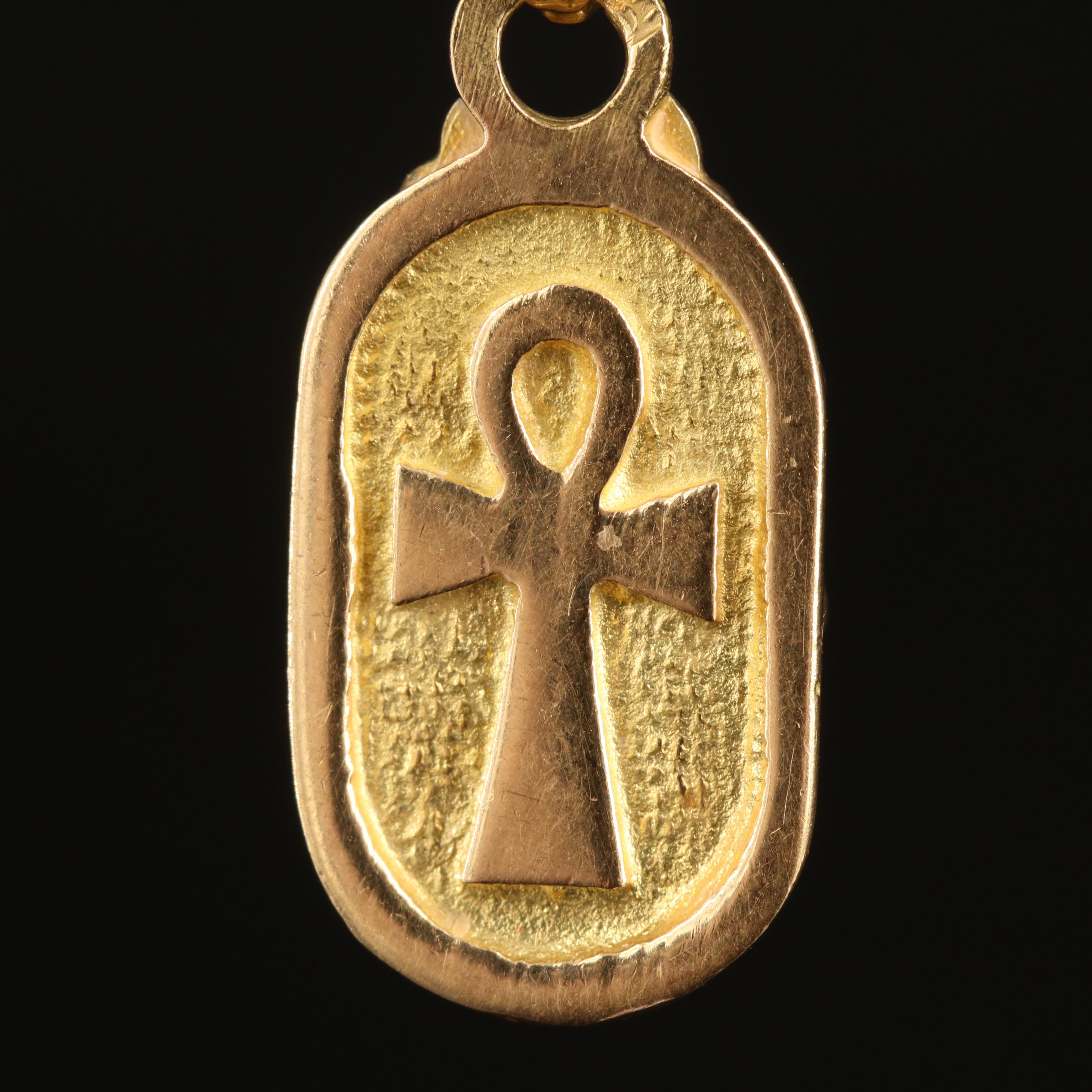 18K Turquoise Inlay Scarab and Ankh Pendant