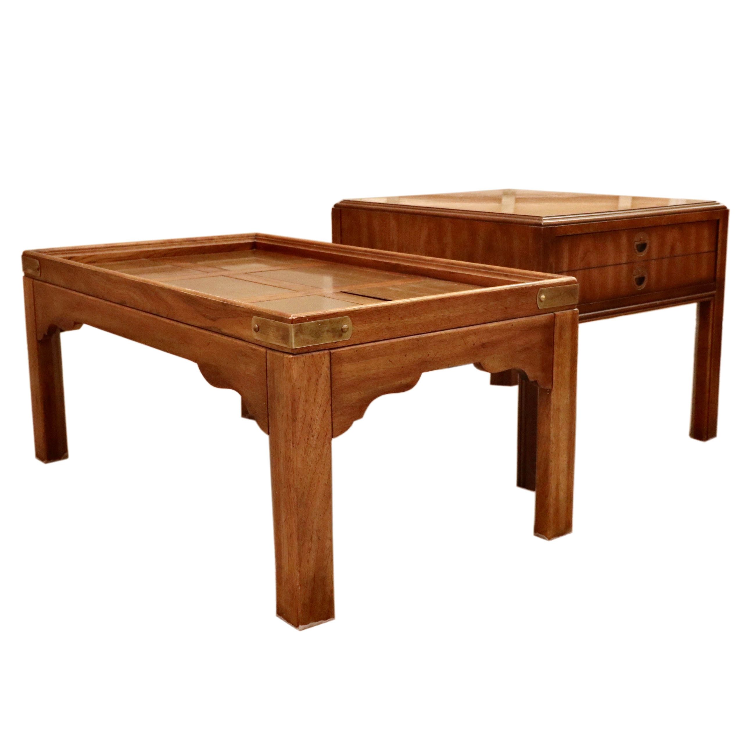 Drexel Heritage Campaign Style Pecan End Table and Coffee Table