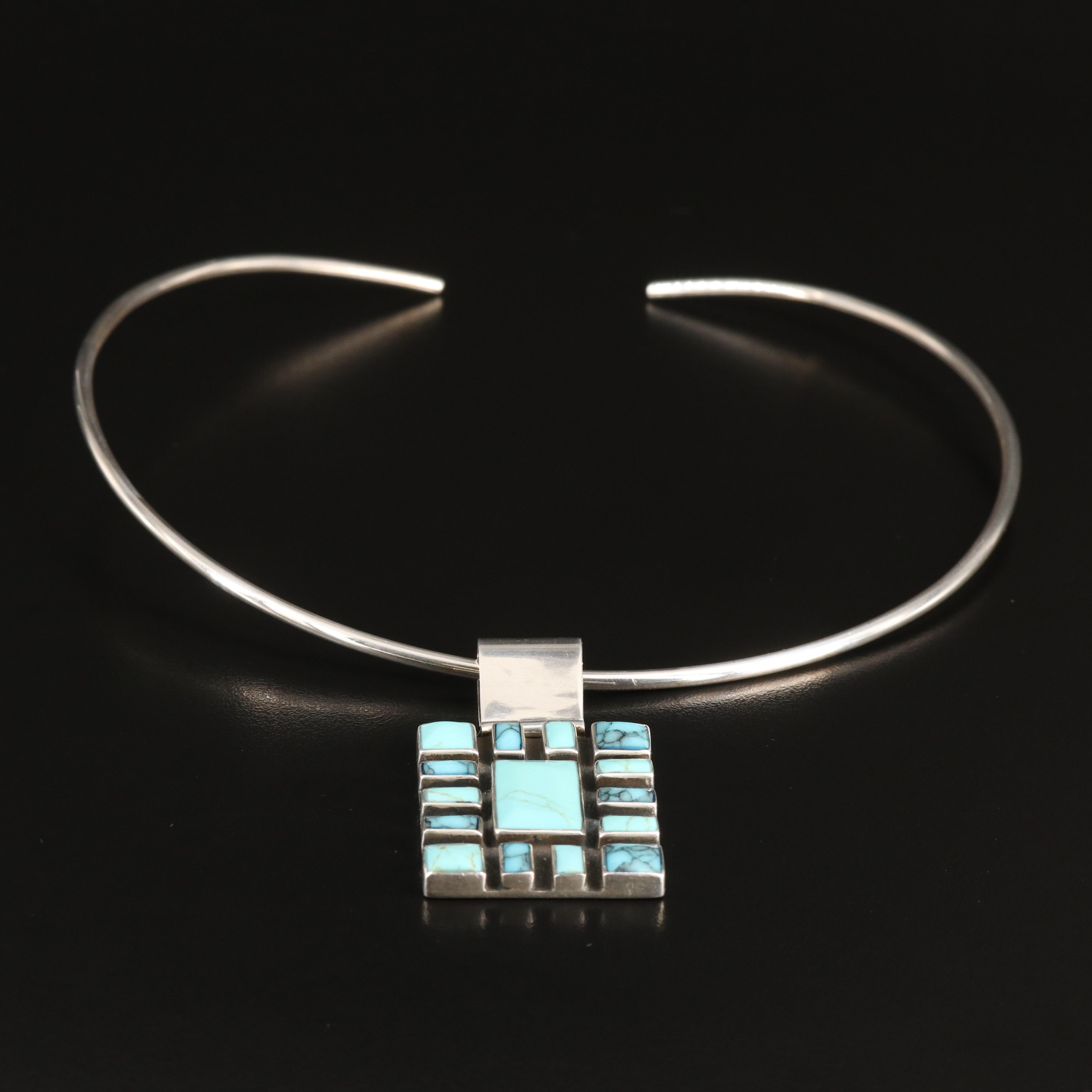Southwestern Sterling Turquoise Pendant Collar