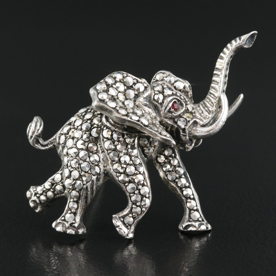 Sterling Glass Cut Steel Lucky Elephant Brooch