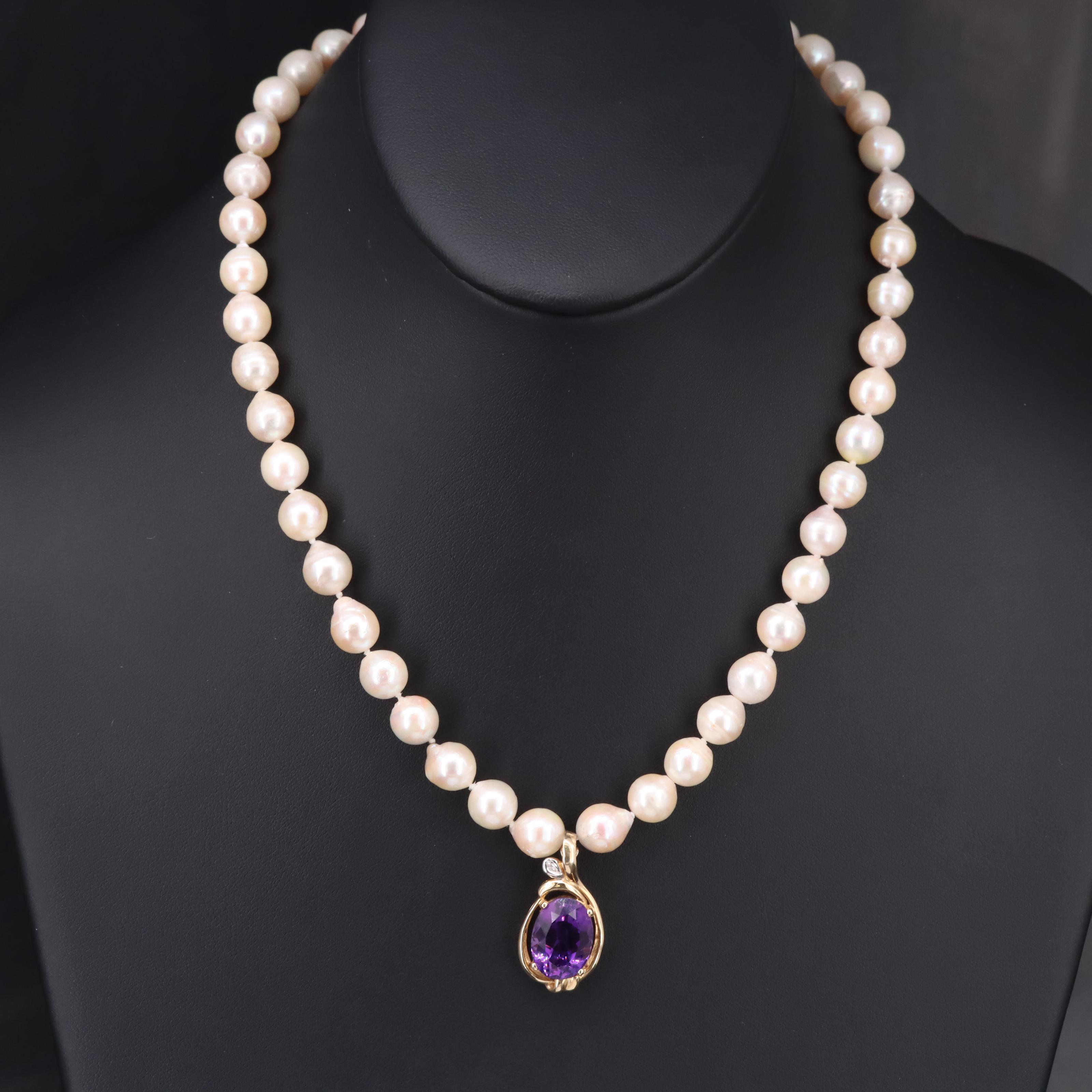 14K Amethyst, Diamond and Pearl Enhancer Pendant Necklace