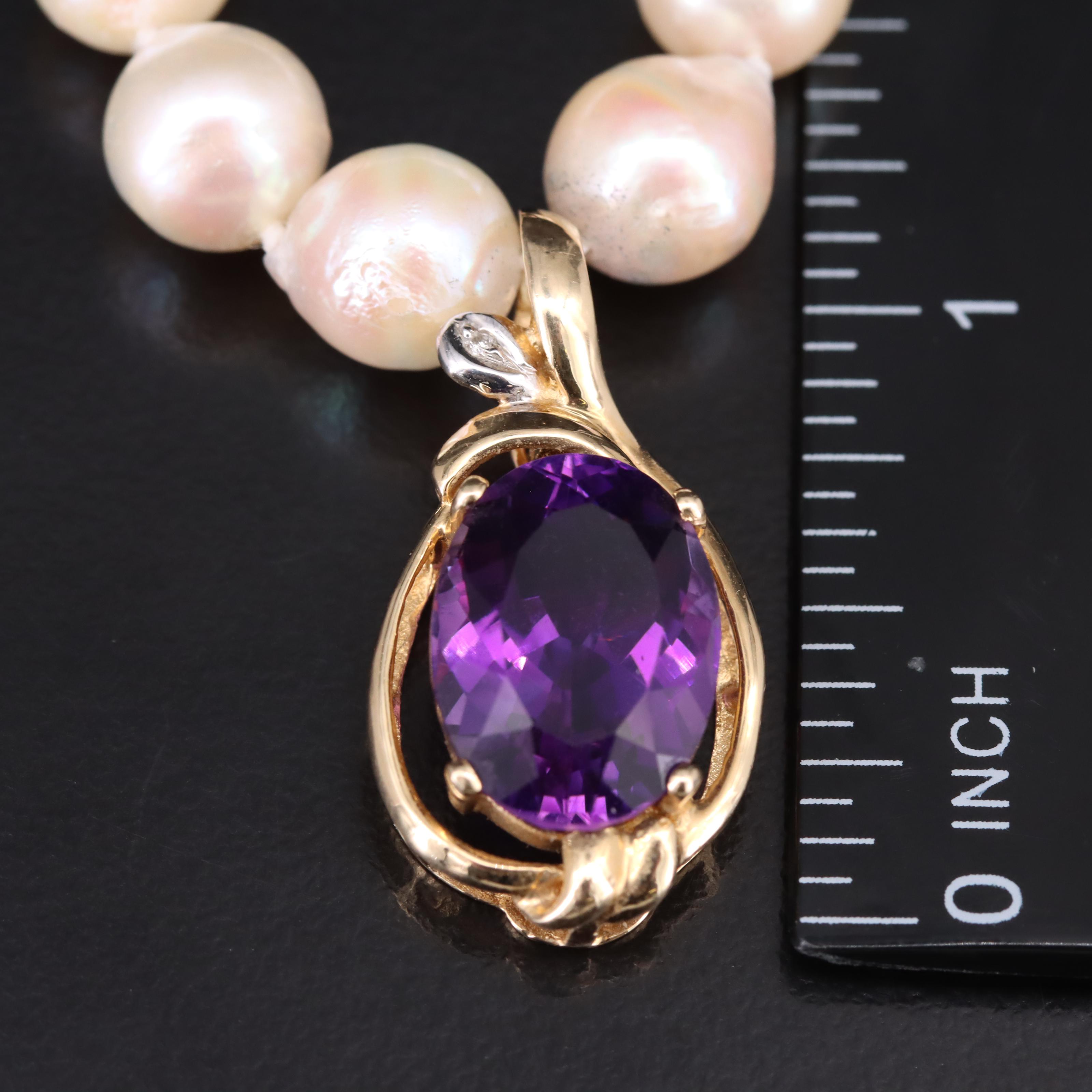 14K Amethyst, Diamond and Pearl Enhancer Pendant Necklace