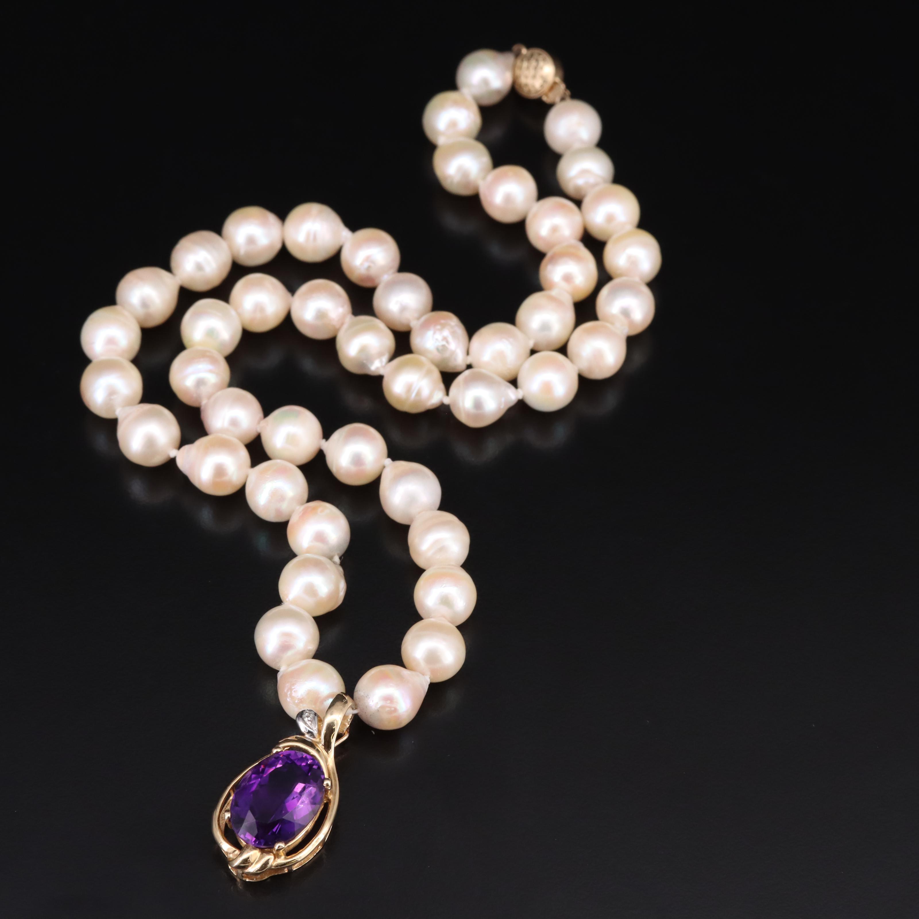 14K Amethyst, Diamond and Pearl Enhancer Pendant Necklace