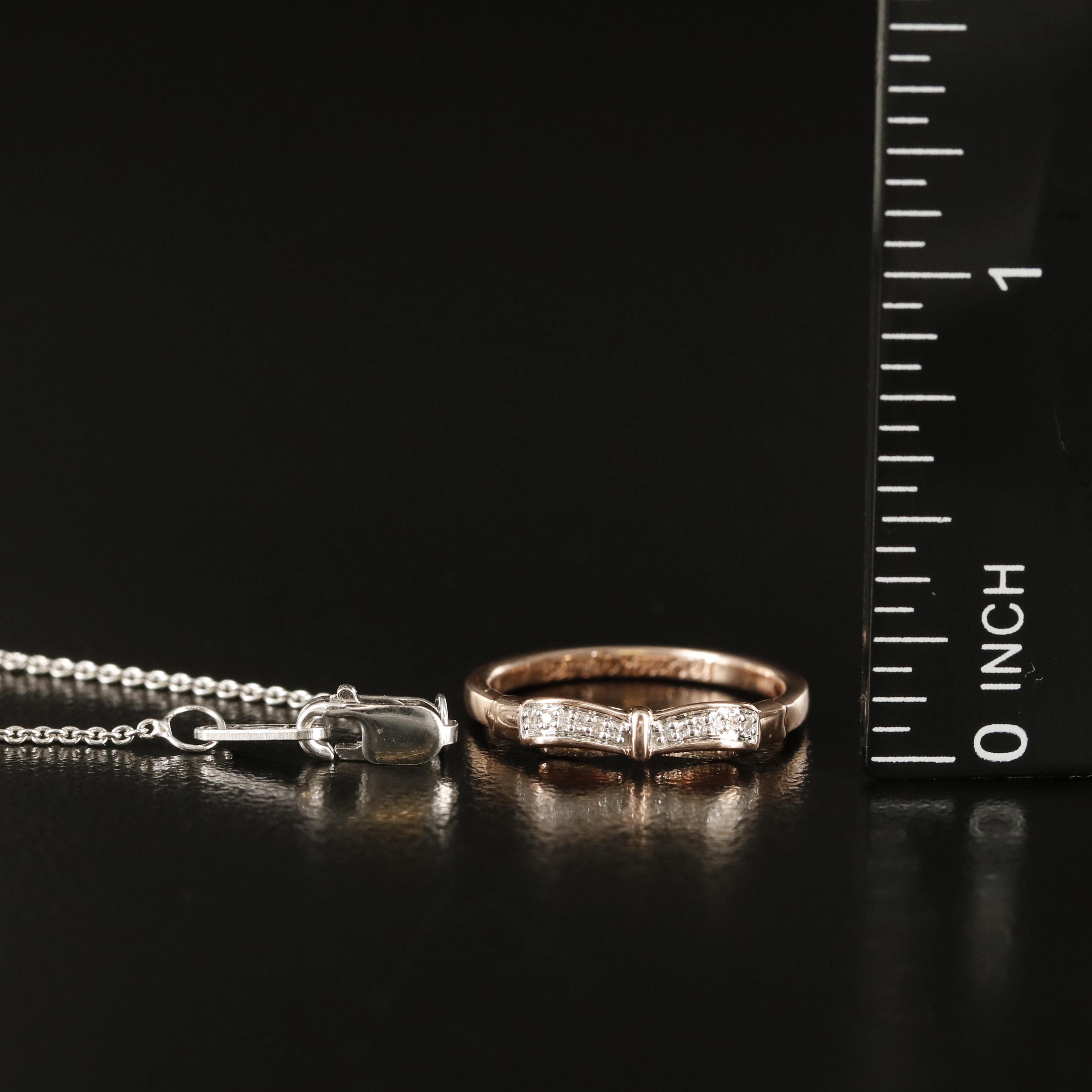 10K 0.02 CTW Diamond Bow Poesy Ring on Sterling Cable Chain Necklace