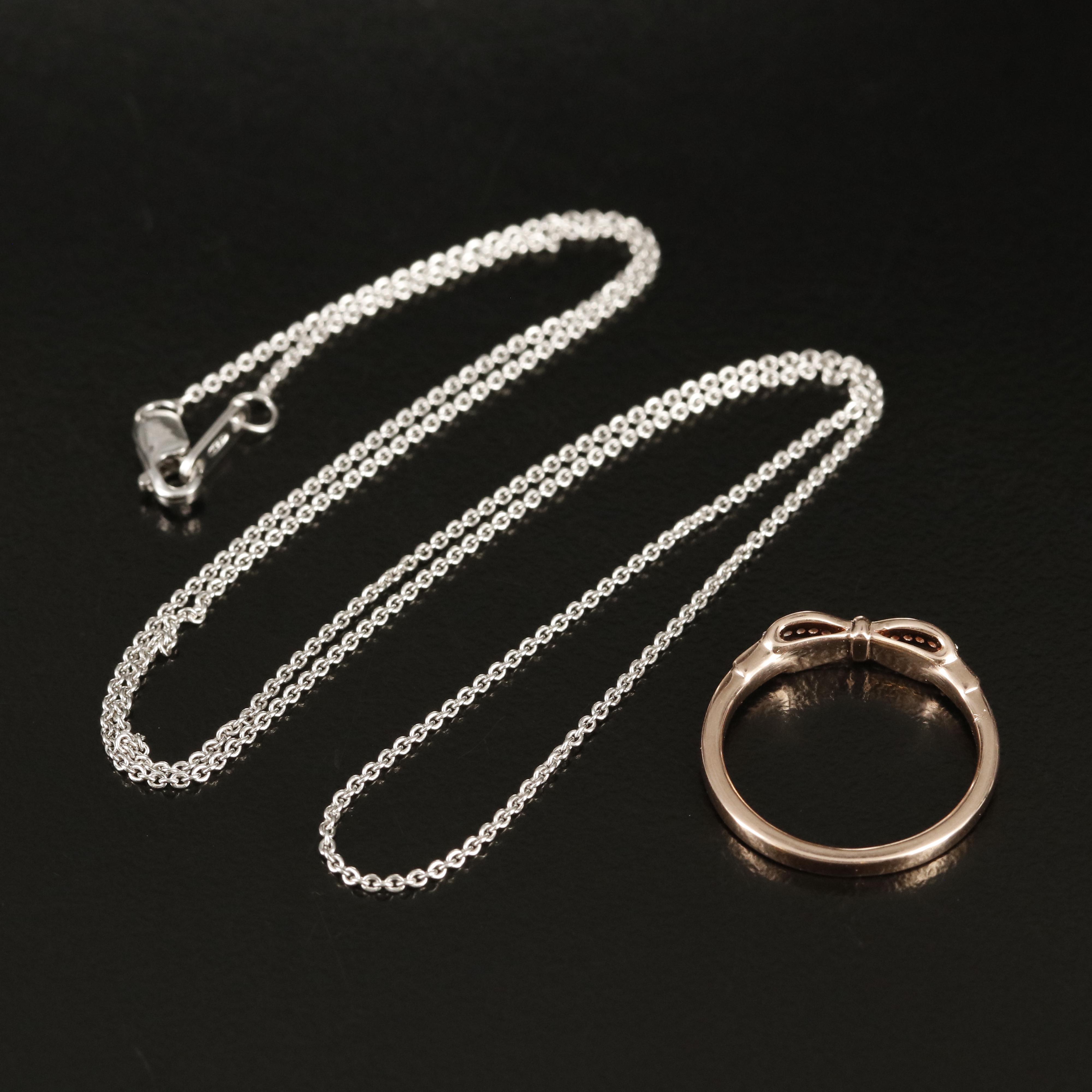 10K 0.02 CTW Diamond Bow Poesy Ring on Sterling Cable Chain Necklace