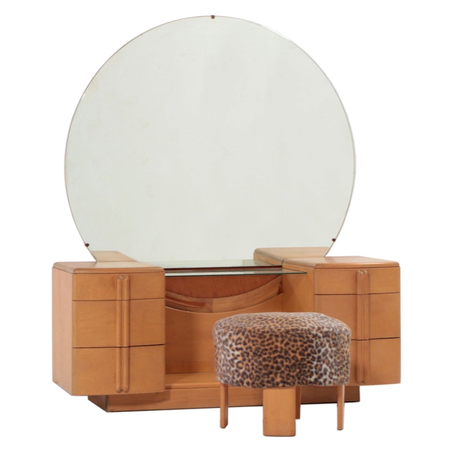 Heywood-Wakefield Mid Century Modern Vanity Table and Stool in Wheat Finish