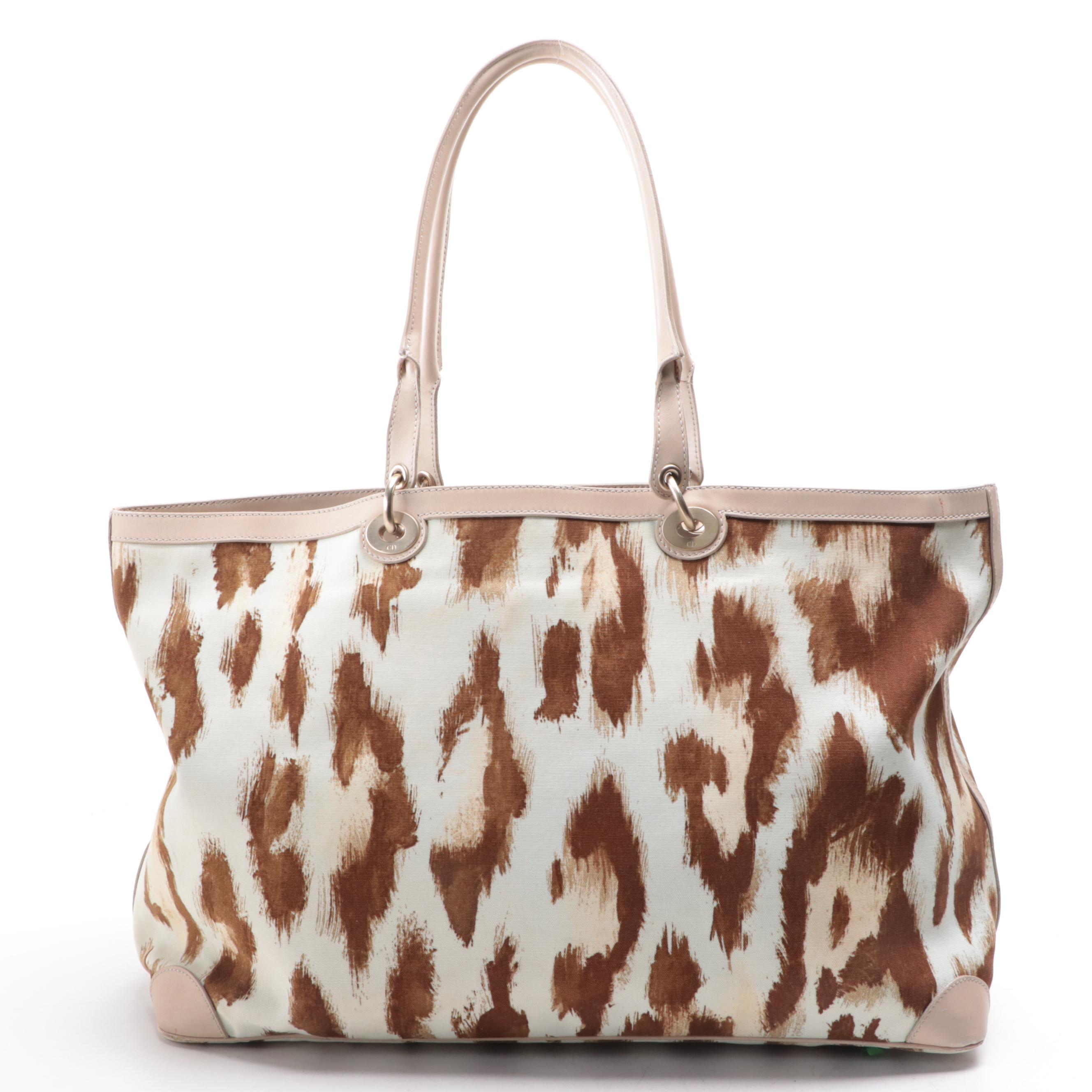 Christian Dior Large Tote Bag in Printed Canvas and Leather Trim