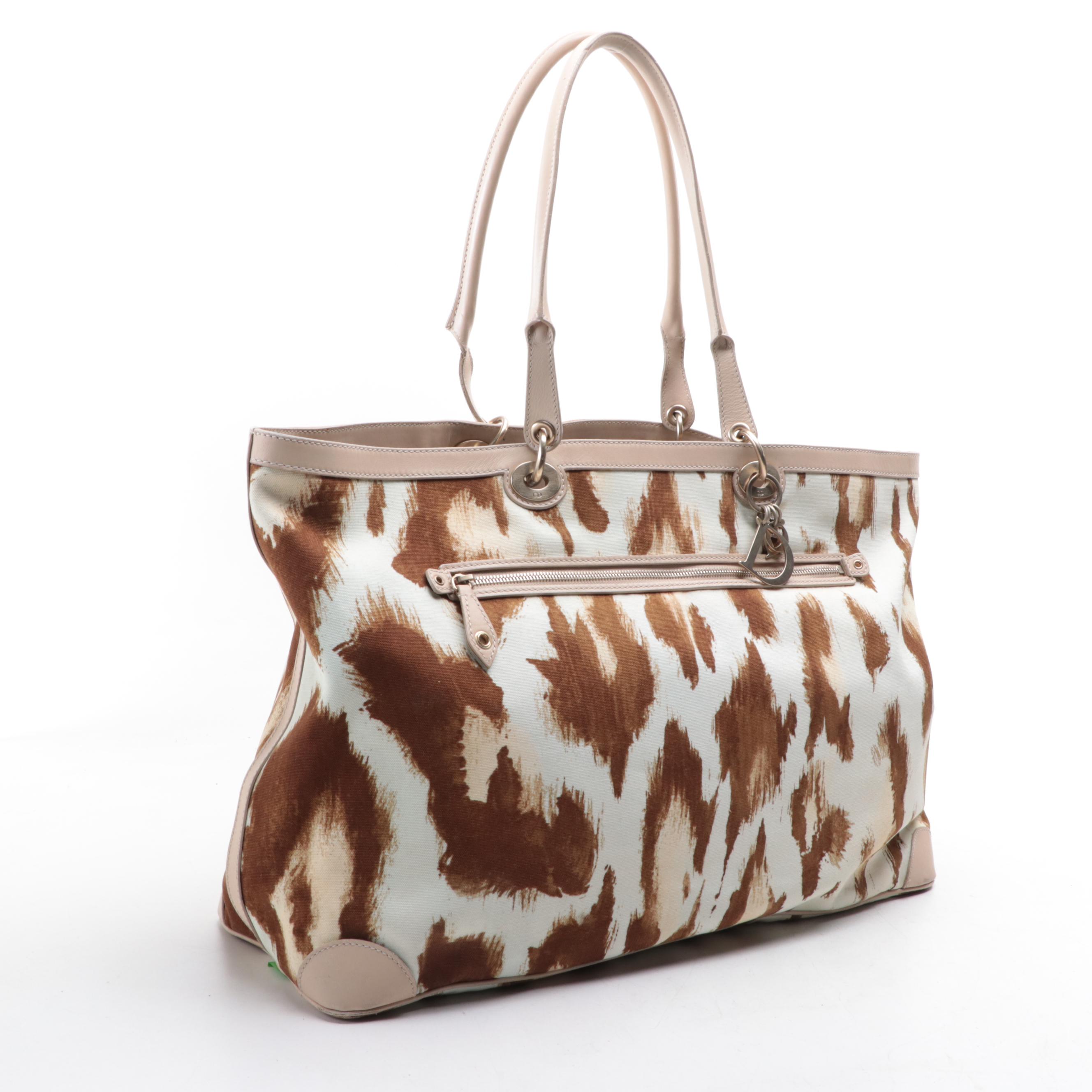 Christian Dior Large Tote Bag in Printed Canvas and Leather Trim