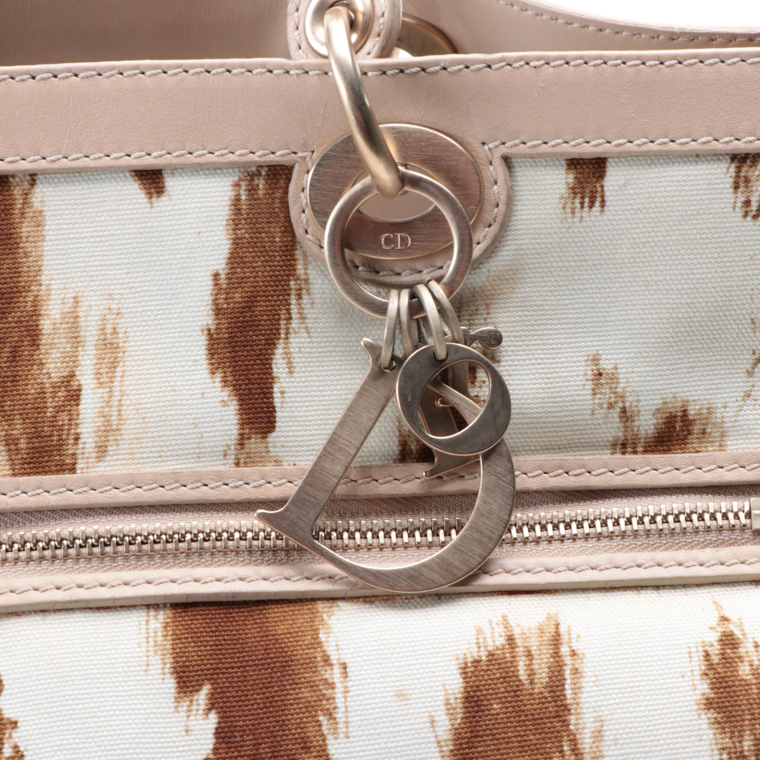 Christian Dior Large Tote Bag in Printed Canvas and Leather Trim