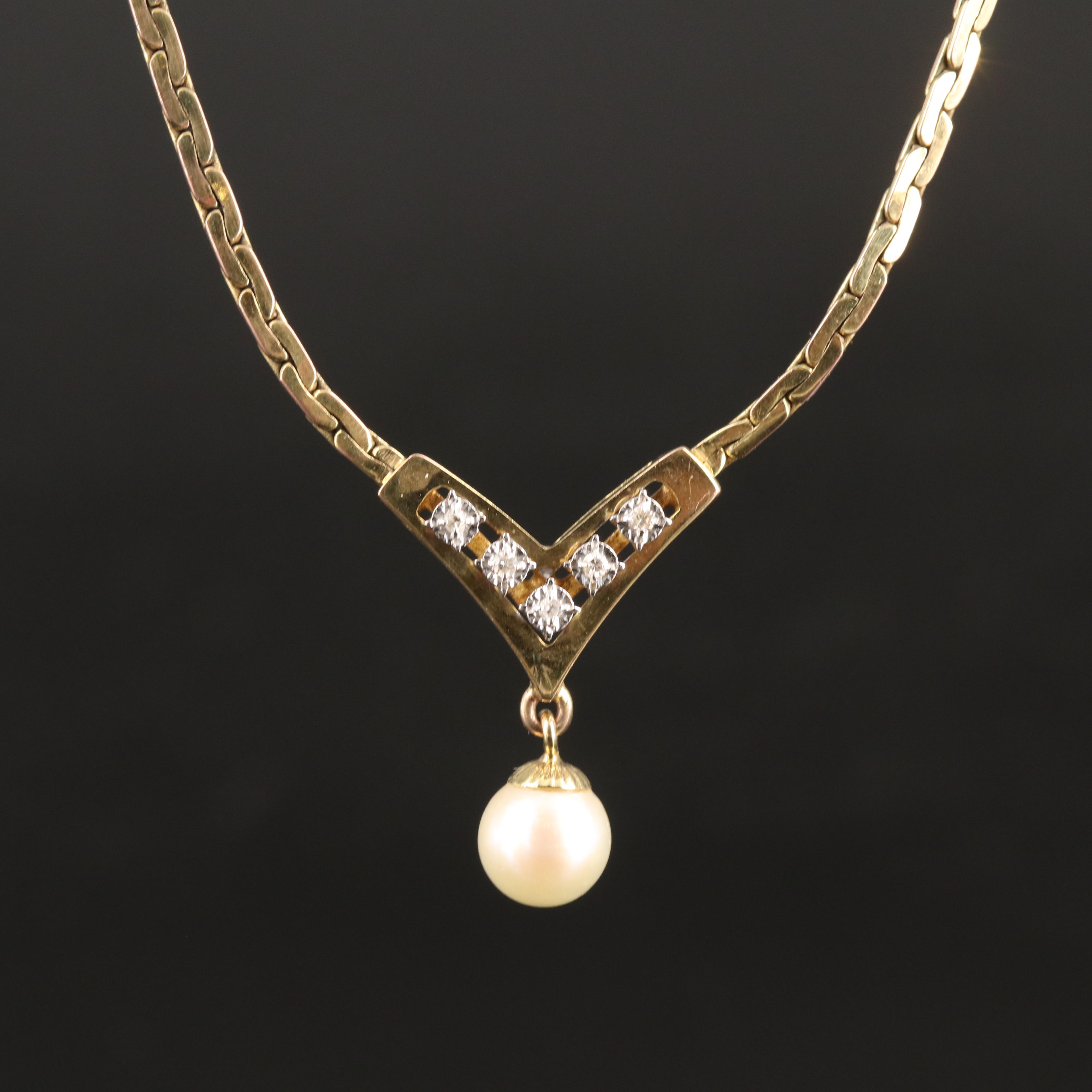 Vintage 8K Pearl and Diamond Chevron Necklace