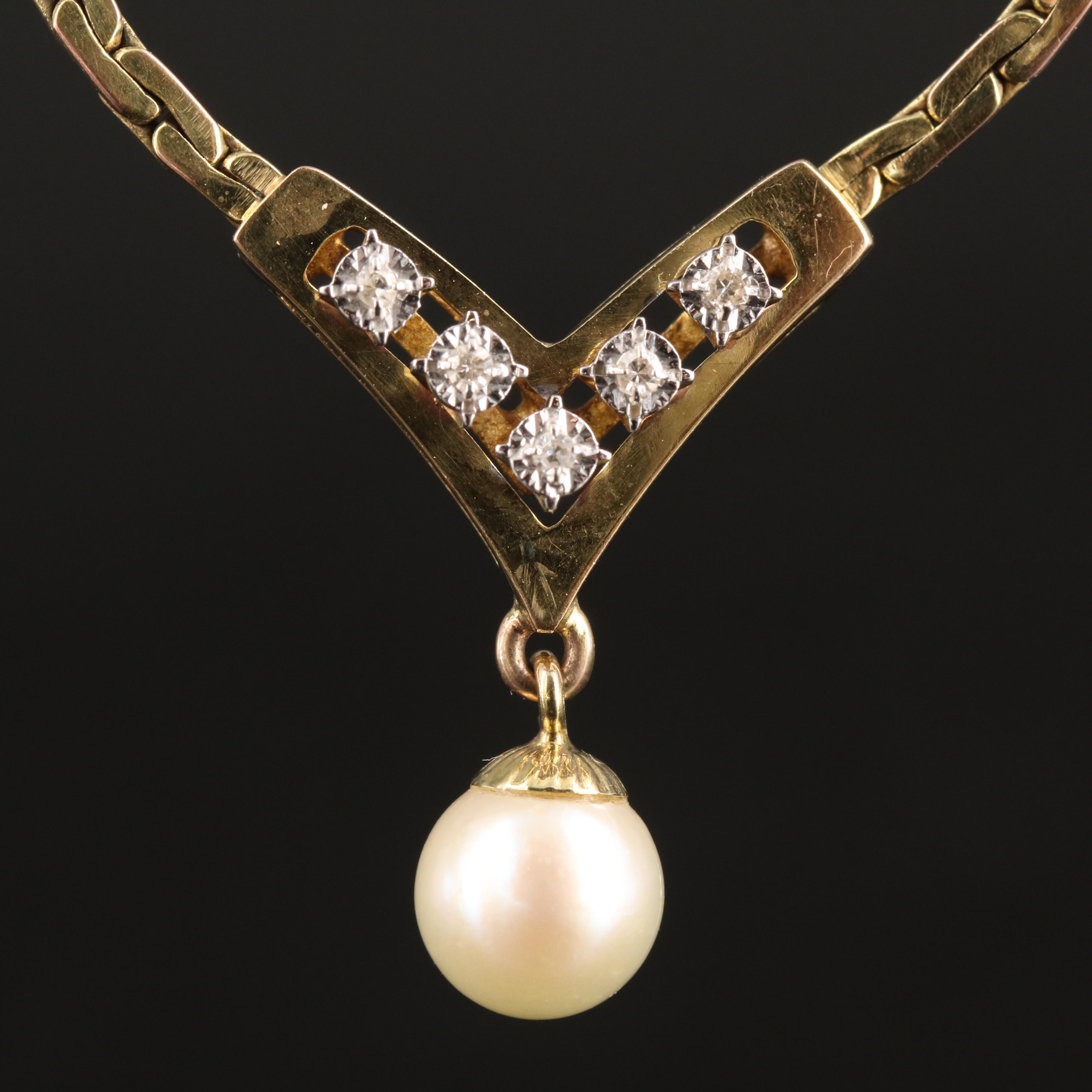 Vintage 8K Pearl and Diamond Chevron Necklace