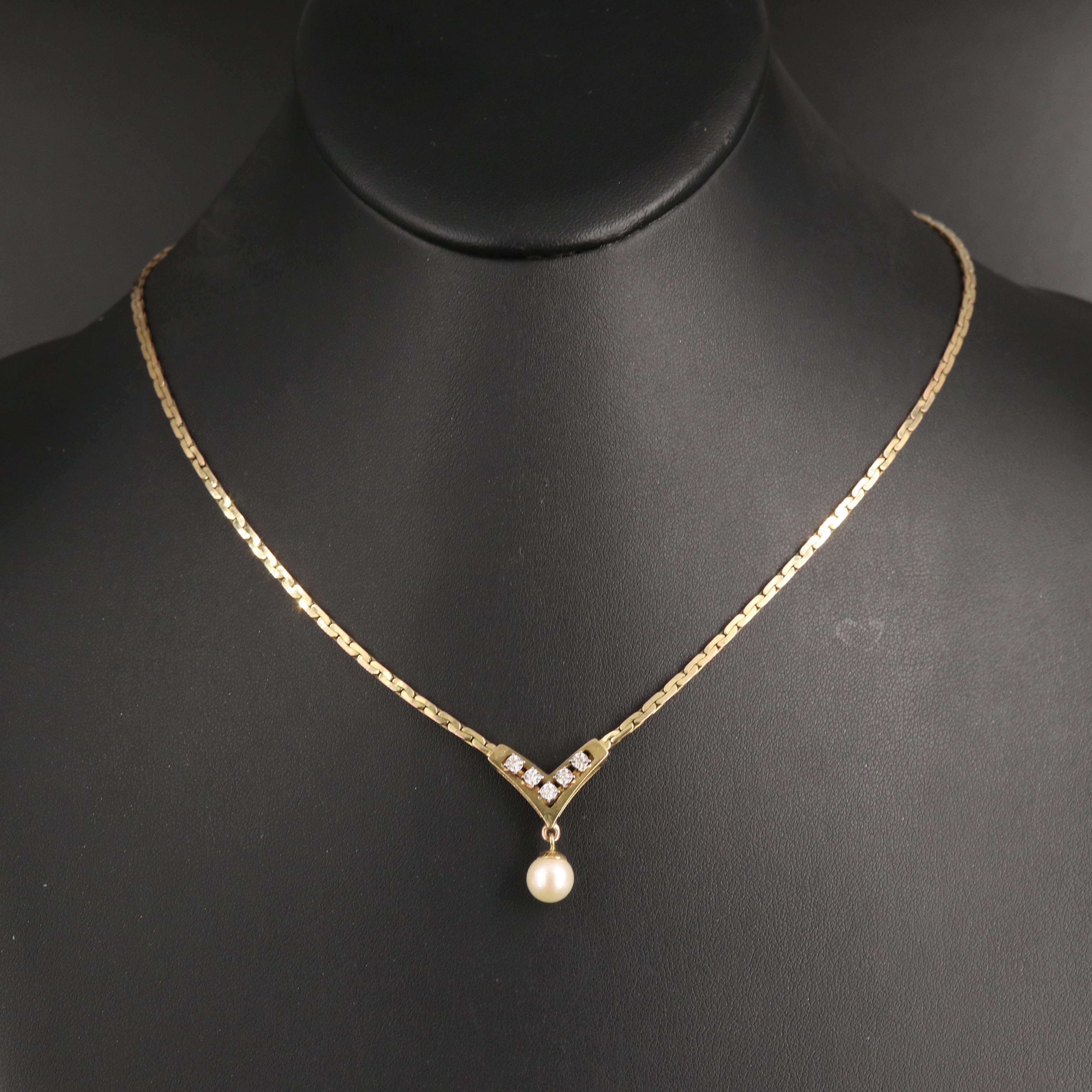 Vintage 8K Pearl and Diamond Chevron Necklace