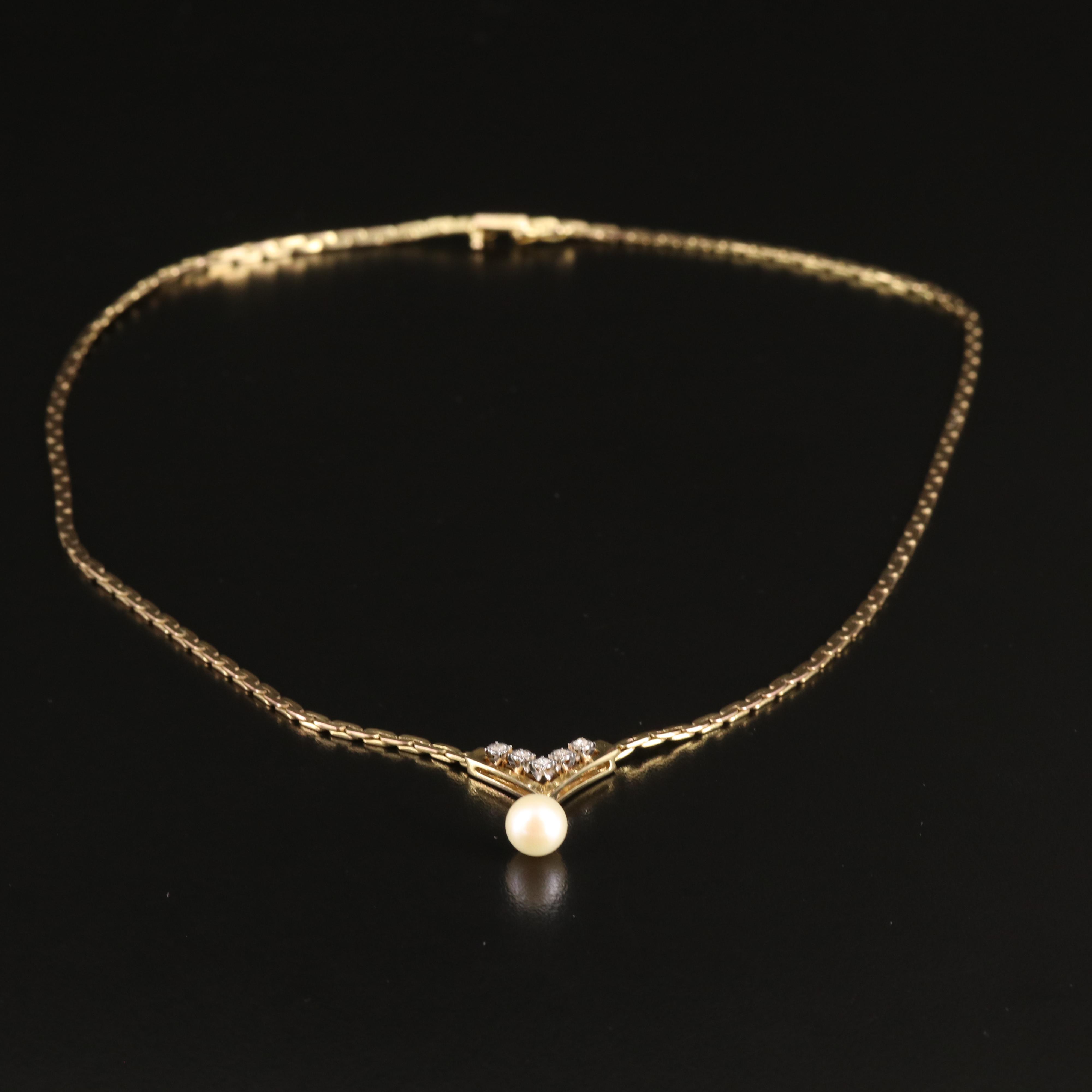 Vintage 8K Pearl and Diamond Chevron Necklace