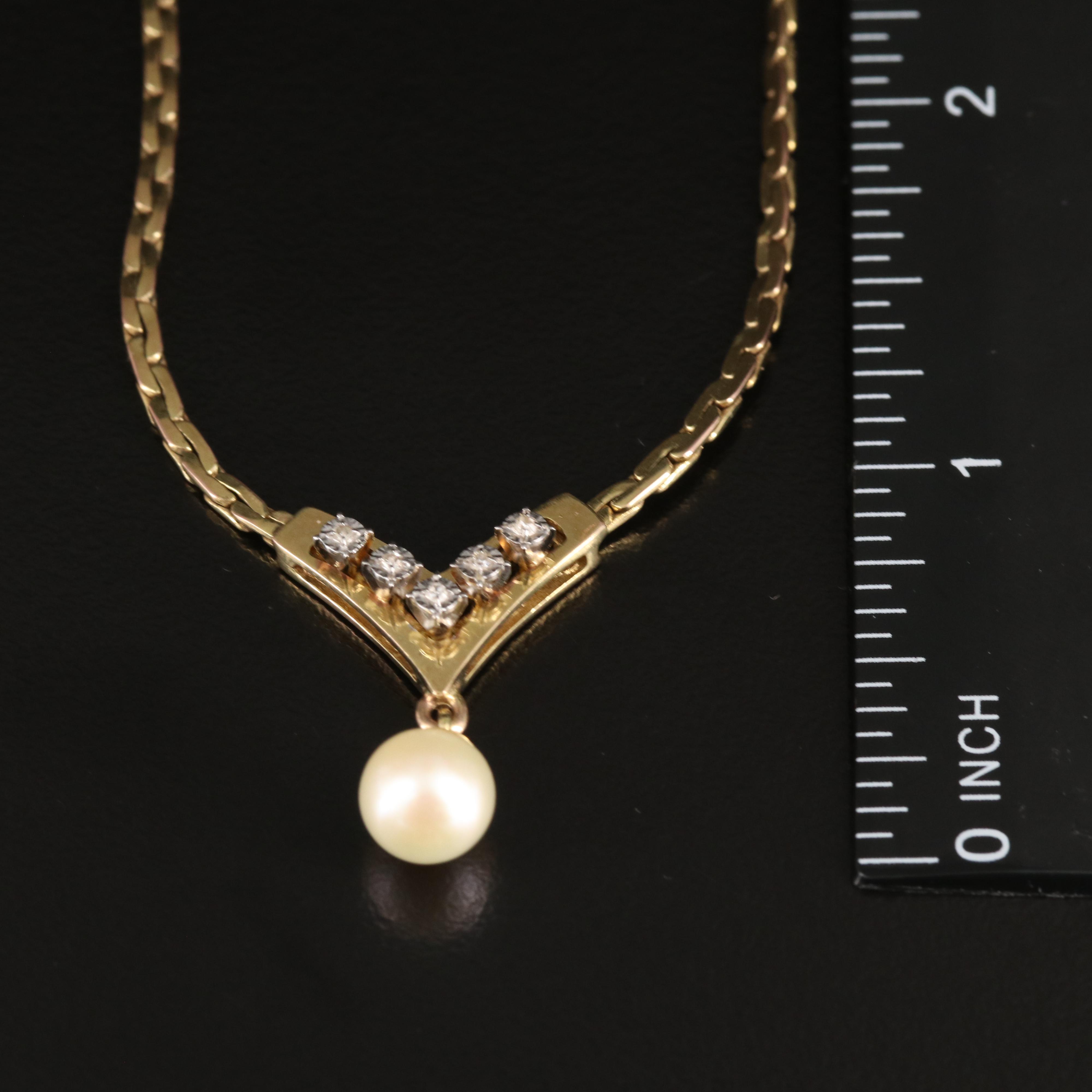 Vintage 8K Pearl and Diamond Chevron Necklace