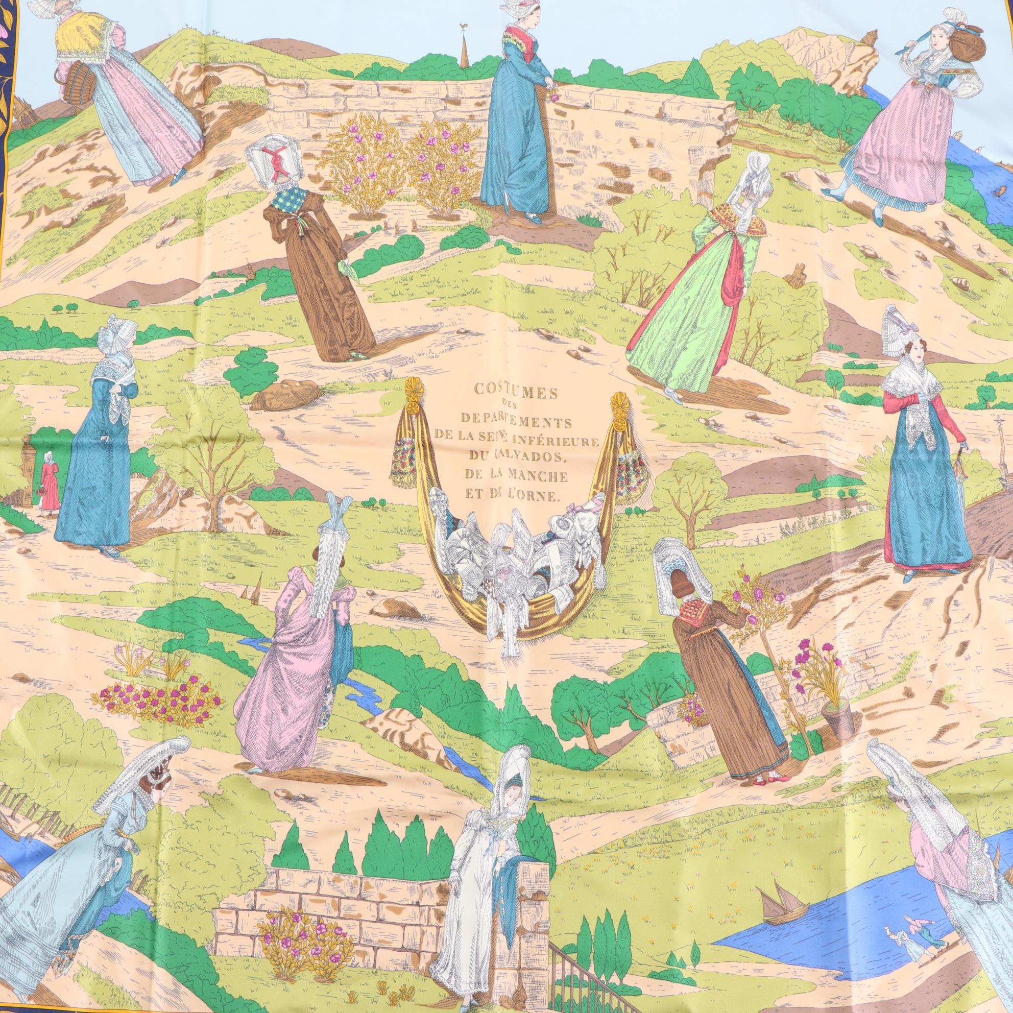 Hermès "Coiffes Normandes" Scarf 90 in Silk Twill