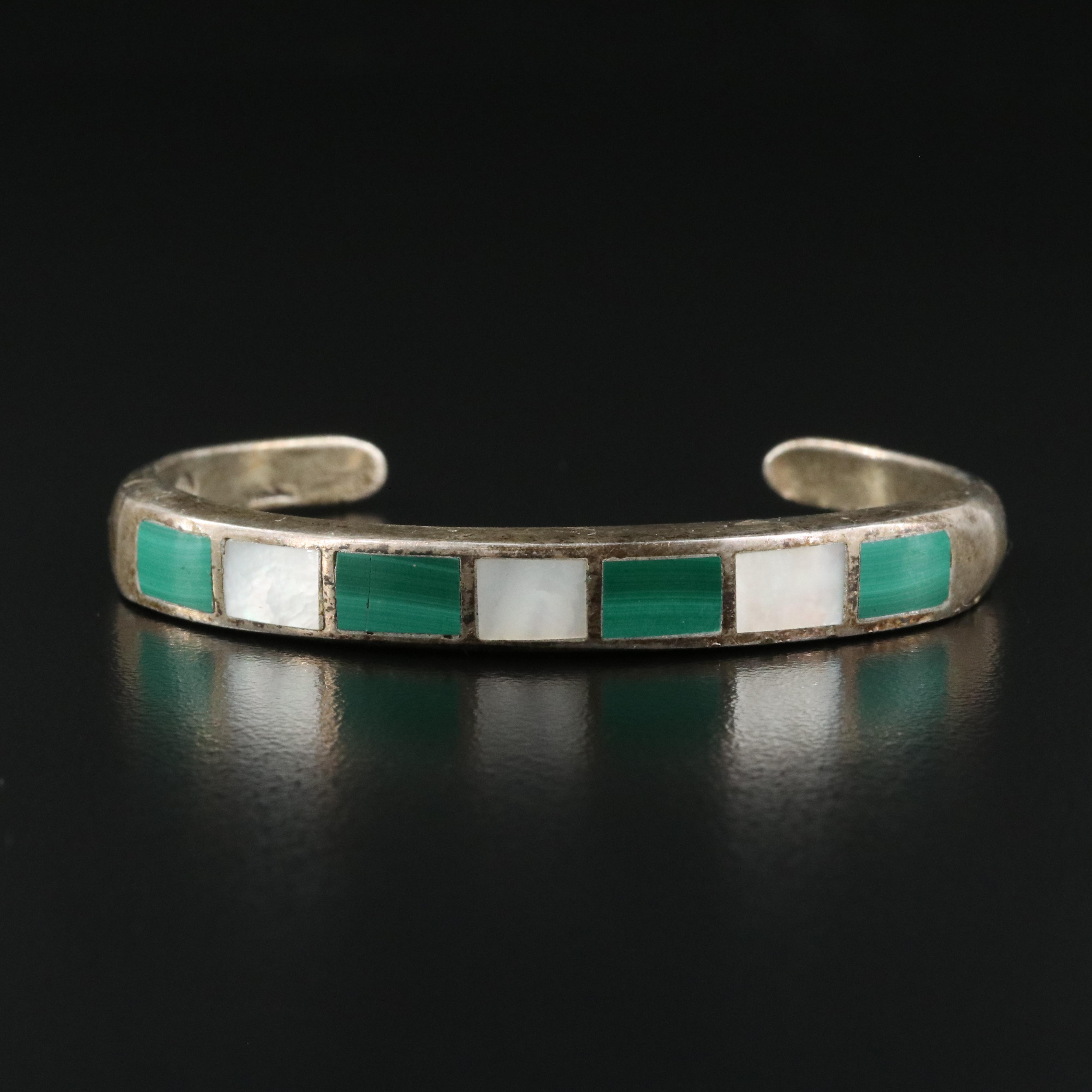 Sterling Malachite and Mother-of-Pearl Inlay Cuff