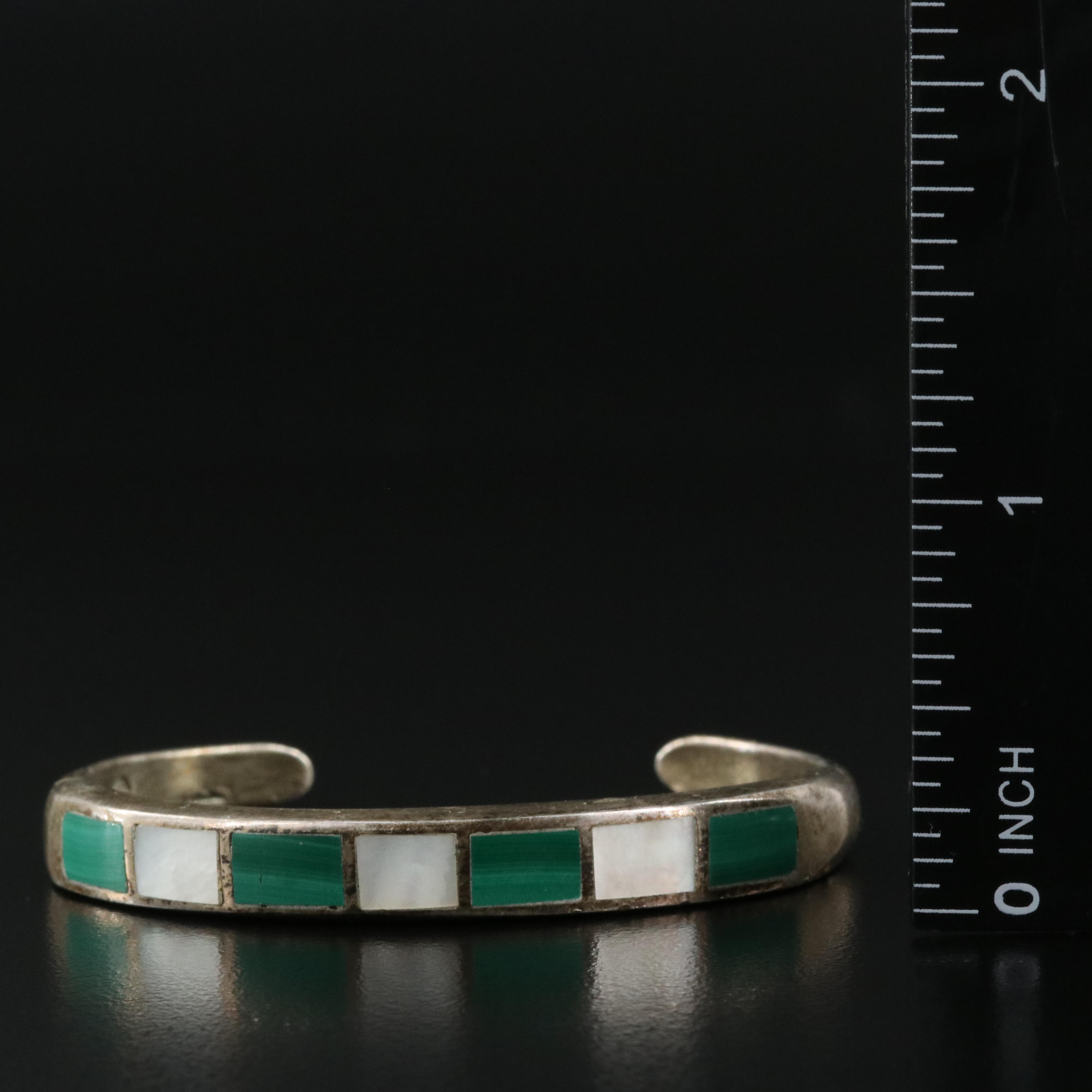 Sterling Malachite and Mother-of-Pearl Inlay Cuff