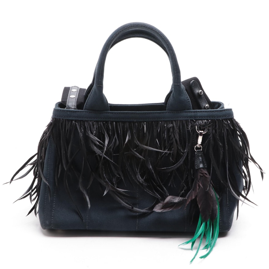 Prada Canapa Satchel in Navy Canvas with Feather Trim