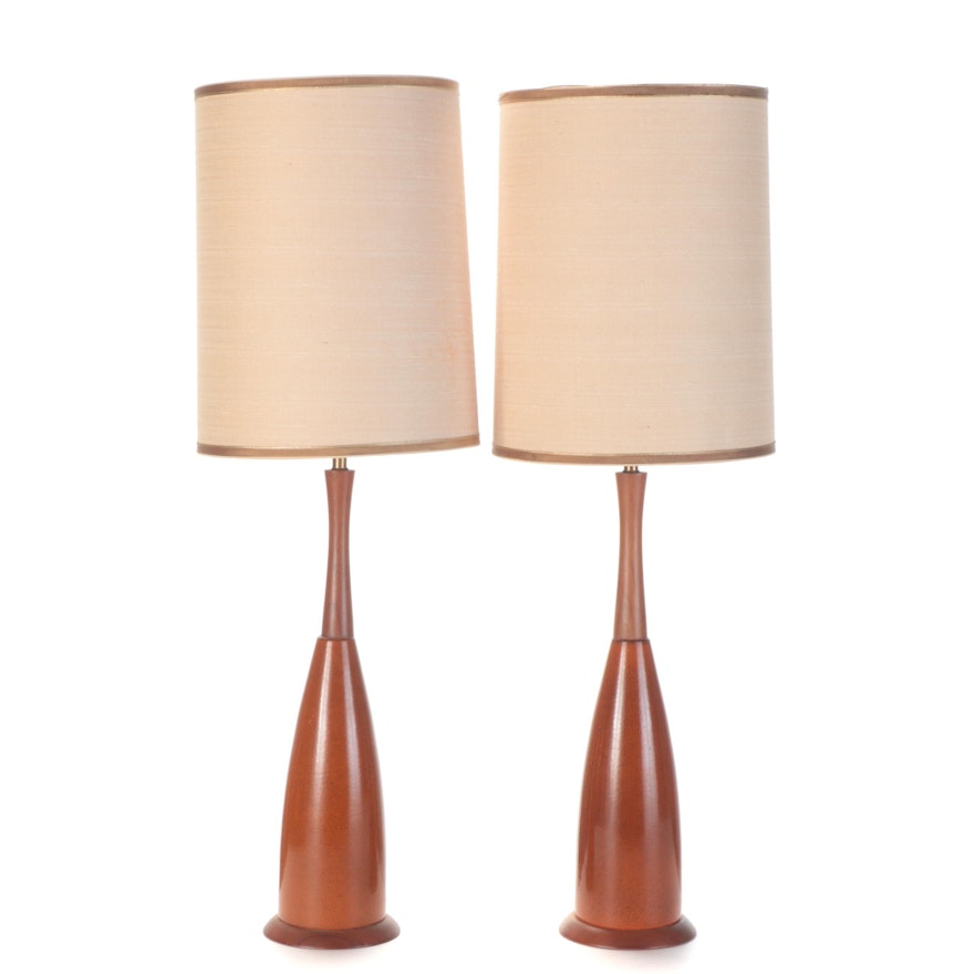 Pair of MCM Style Wood and Ceramic Table Lamps With Drum Shades, Mid-20th C