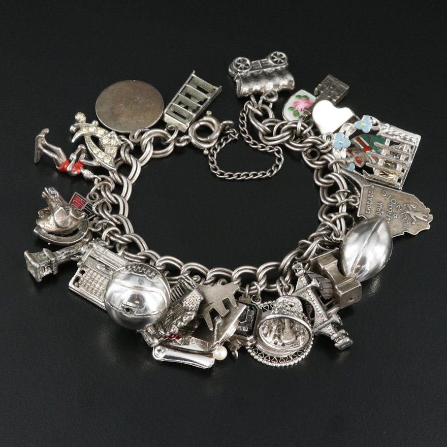 Vintage Sterling Charm Bracelet with Travel and Sports Charms