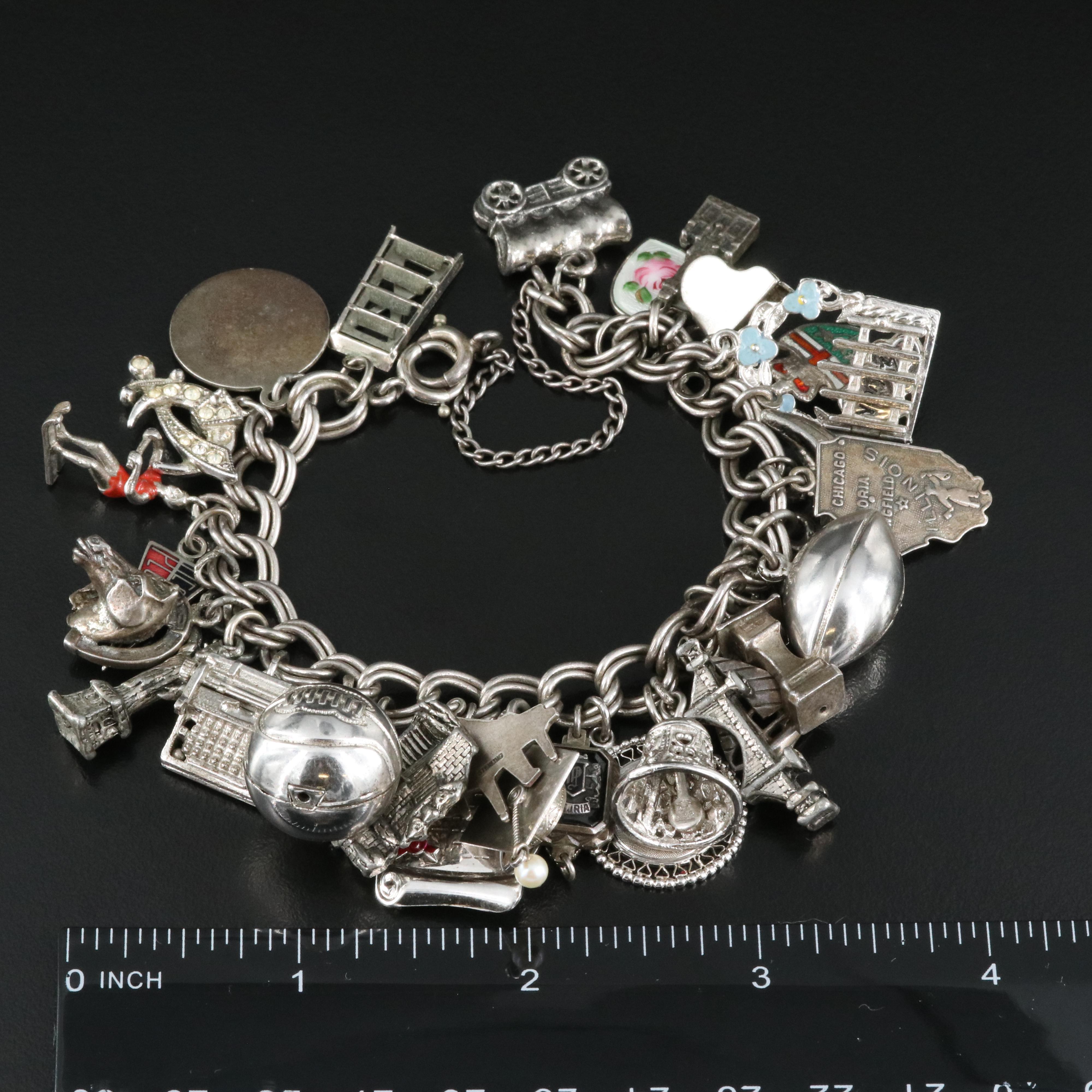 Vintage Sterling Charm Bracelet with Travel and Sports Charms
