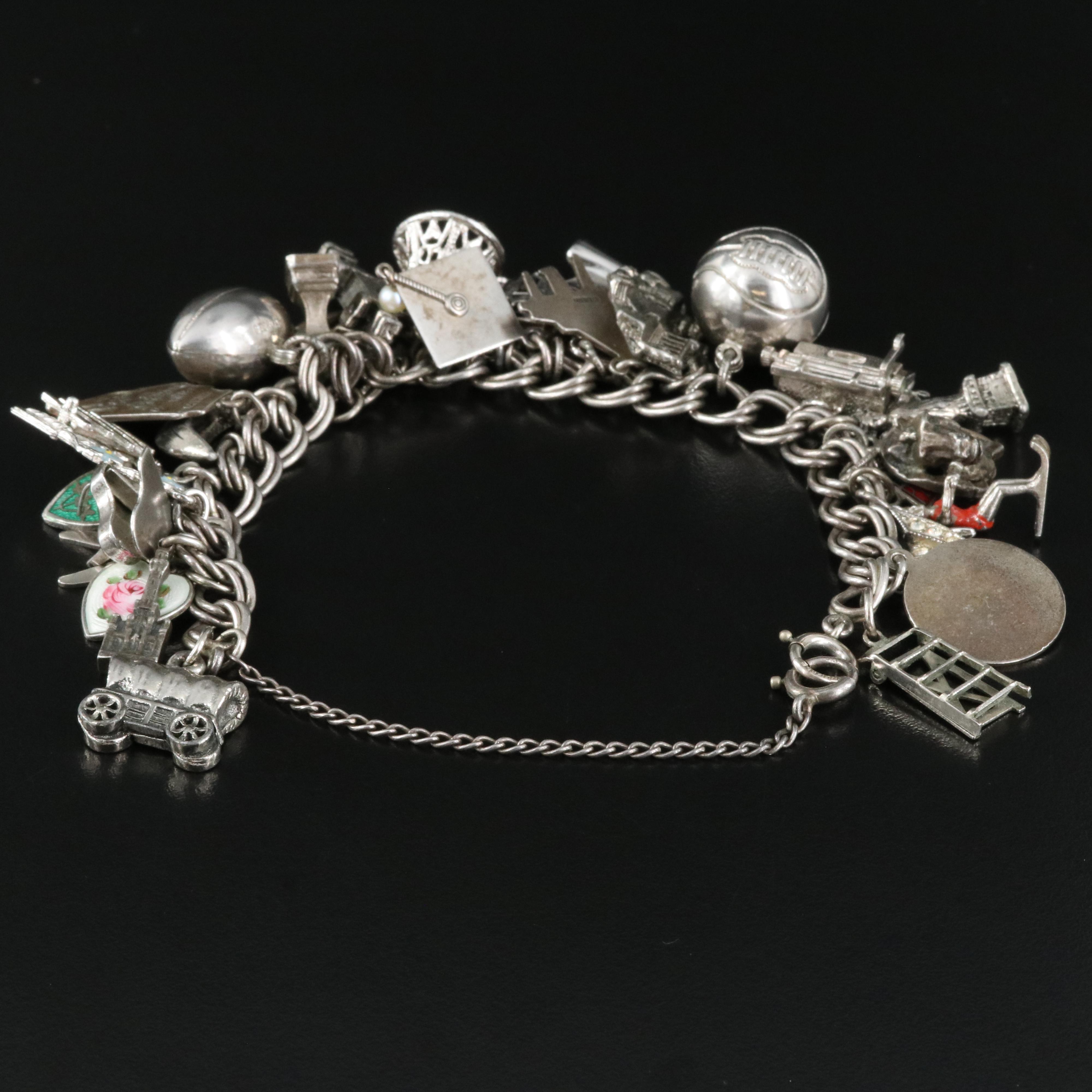 Vintage Sterling Charm Bracelet with Travel and Sports Charms